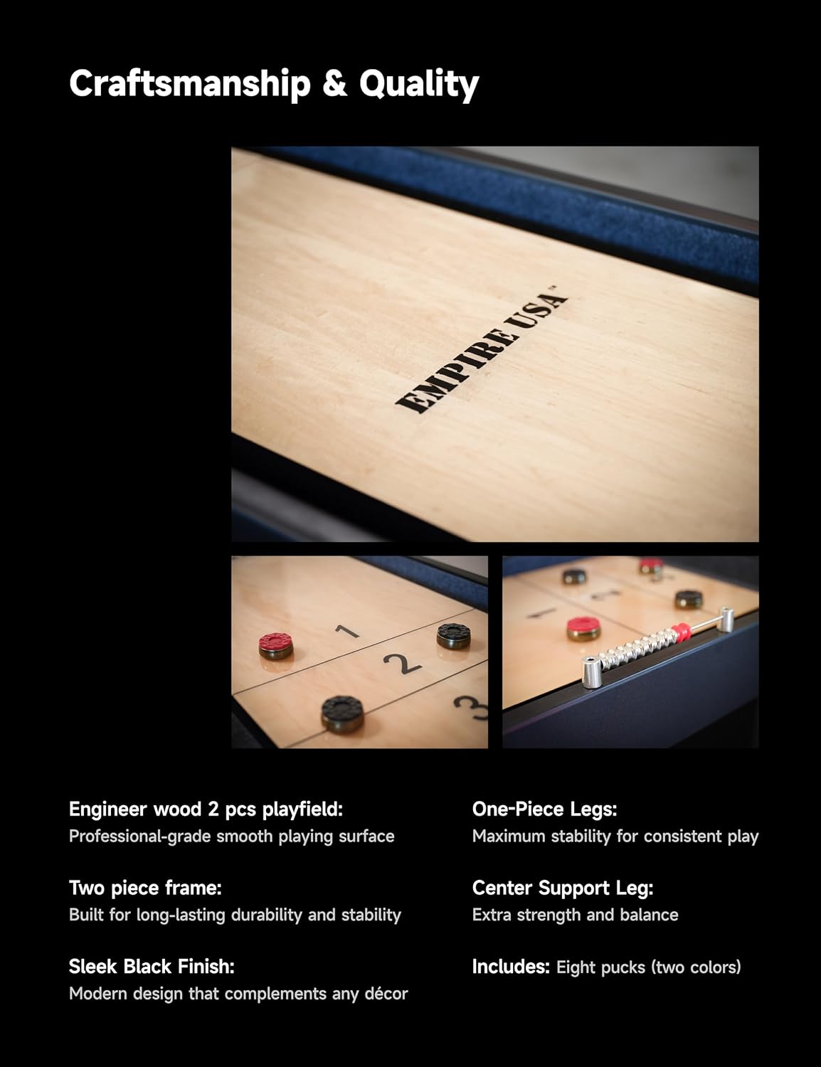 Empire USA - Black Bird Shuffleboard Table W/Eight Pucks (9FT and 12FT,Black Finish)