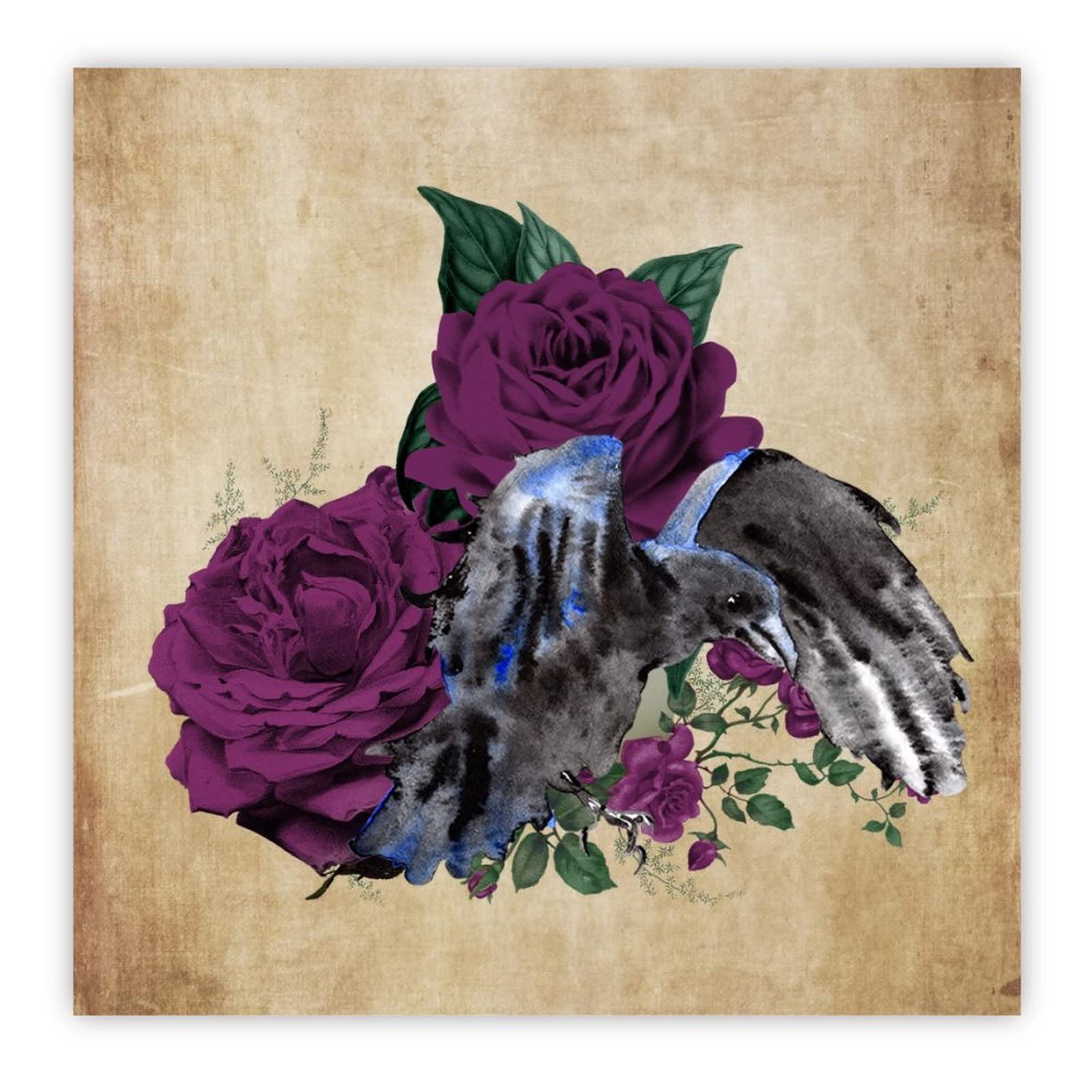 Plaque en bois Raven On Skull avec rose violette 40,6x40,6 cm - Idée déco murale Halloween maison