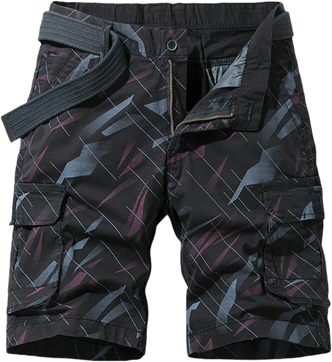 Men's Elastic Printed Workwear Multi-Pocket Cotton Thin Five-Pocket Elastic Waist Buckle Webbing Casual Shorts