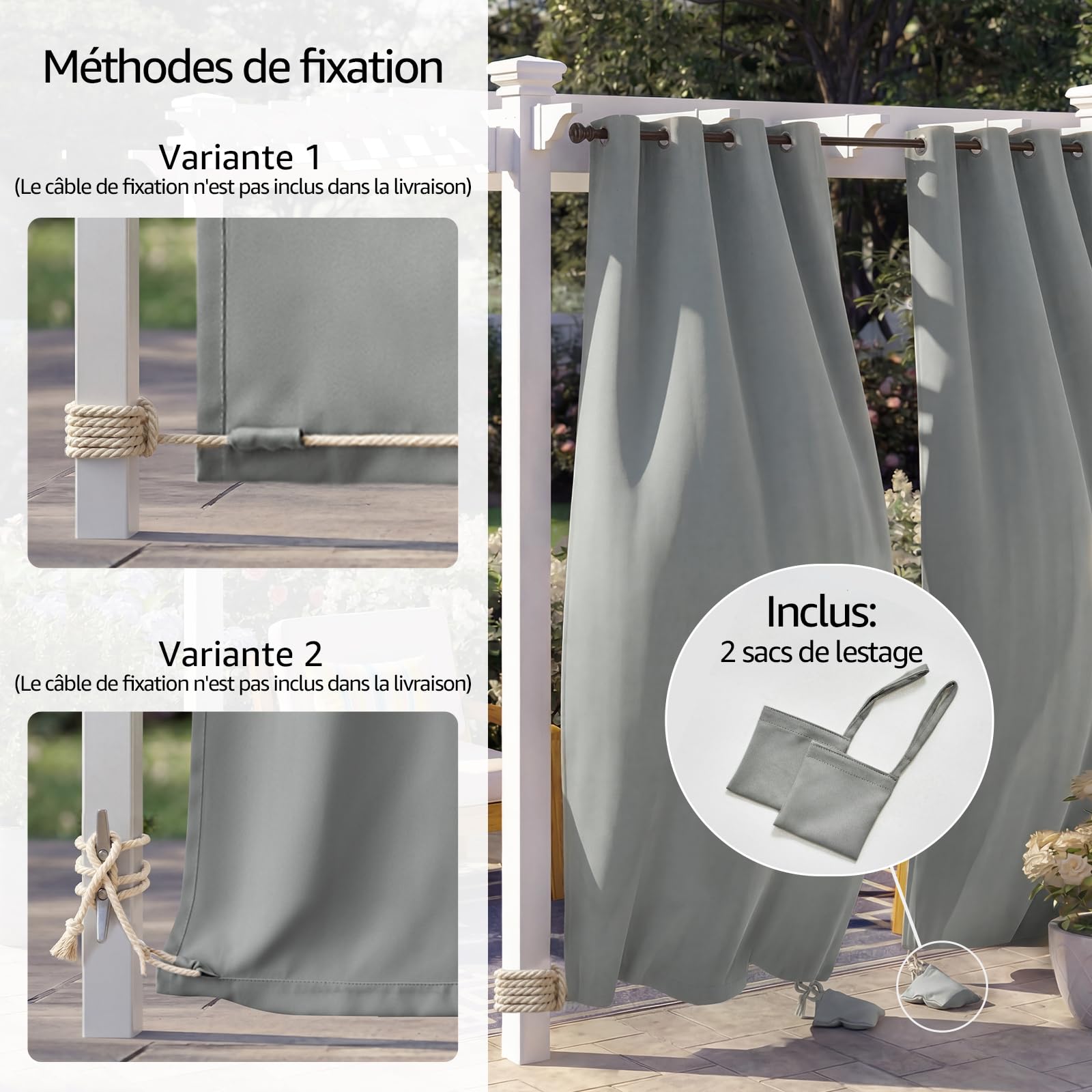 TOPICK Lot de 2 Rideaux d'extérieur Occultants Imperméables à Oeillets， Protection de l'Intimité, Usage Intérieur et Extérieur, L132 x H275 cm, Gris Clair, pour Pergola Terrasse Balcon Jardin Tonnelle