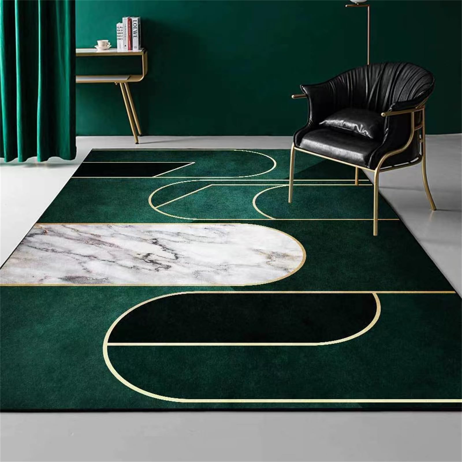 Black Green Geometric Carpet,5x8ft, Abstract Geometric Gold Striped Carpet, Simple Marble Pattern Living Room Decorative Carpet, Suitable for Living Room Bedroom Dining Room Non-Slip Can Be Cleaned