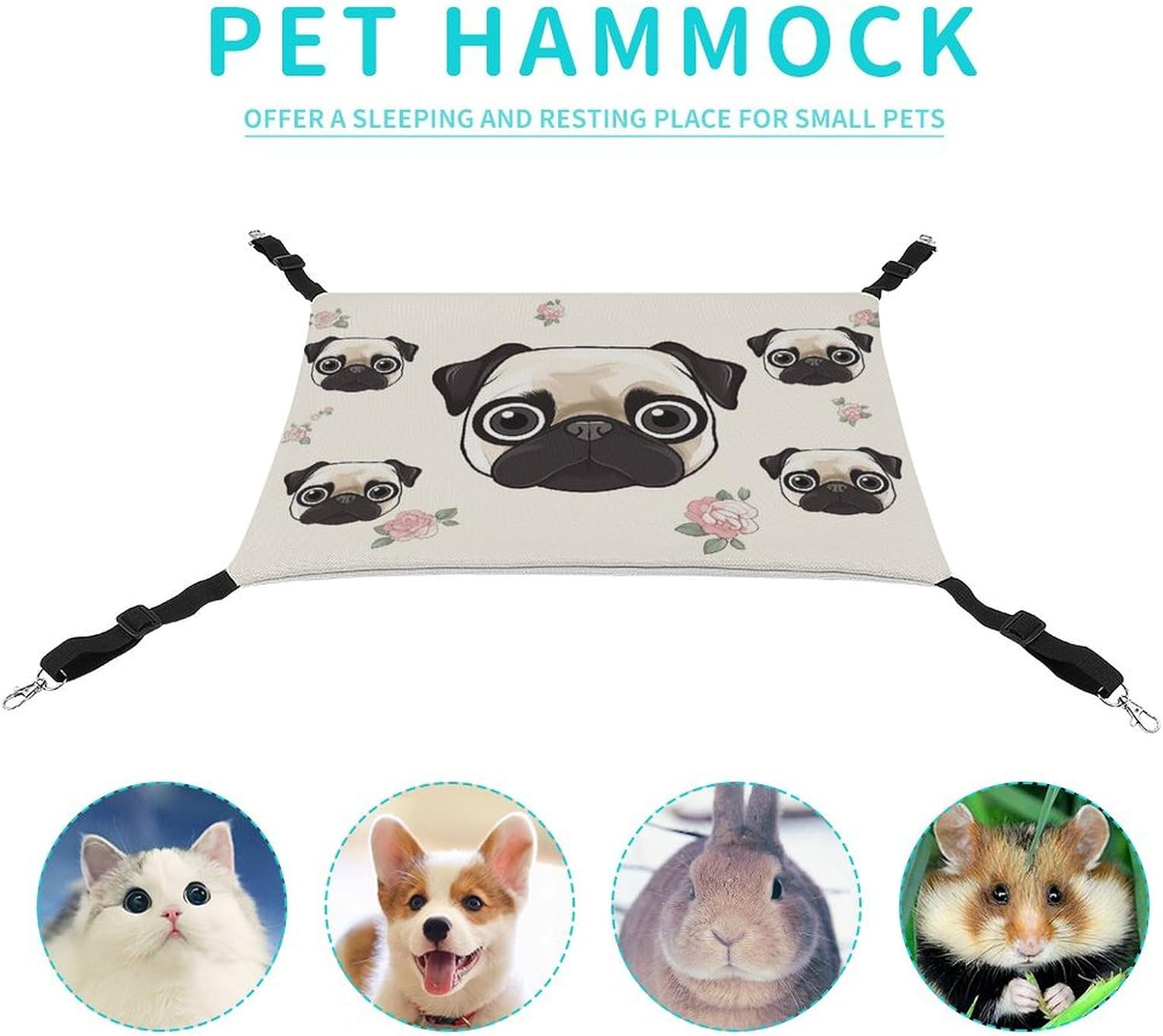 review Hanging Pet Hammock, Line Pug Printed Soft Breathable Pet Hammock with Adjustable Straps and Metal Hooks for Cats Small Dogs Rabbits Sugar Gliders