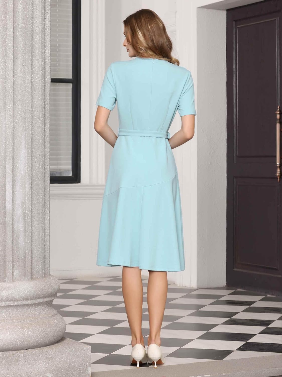 Women's A Line Work Dress Short Sleeve Crew Neck Ruffle Flare Dresses with Belted - Image 5