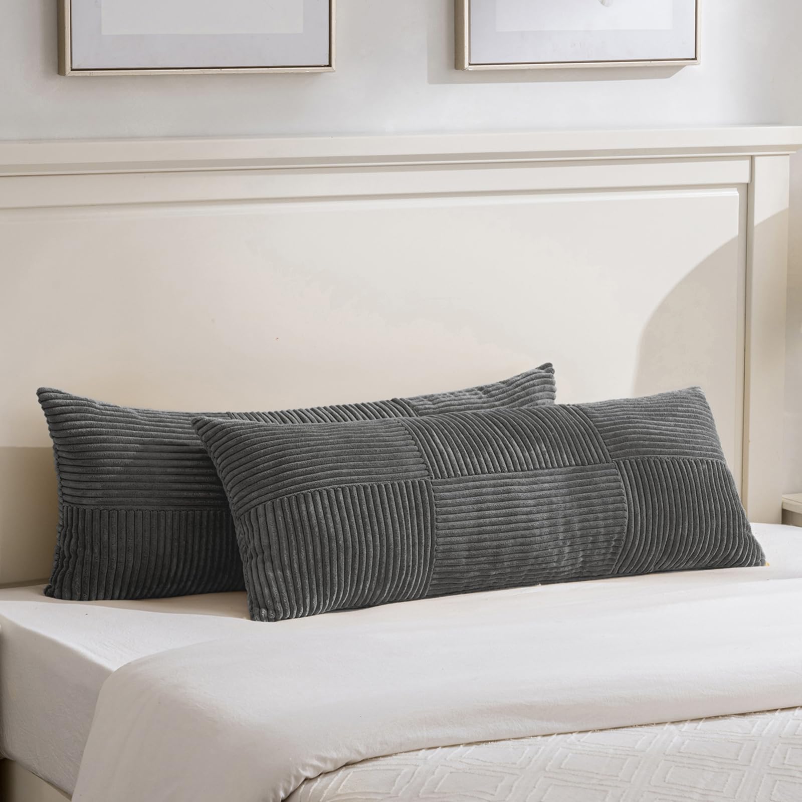 Fancy Homi Set of 2 Dark Gray Boho Long Lumbar Body Decorative Throw Pillow Cover 14x36 Inch for Bed Couch Bedroom Bench, Soft Patchwork Corduroy Textured Pillow Case, Rustic Farmhouse Room Décor — image 1