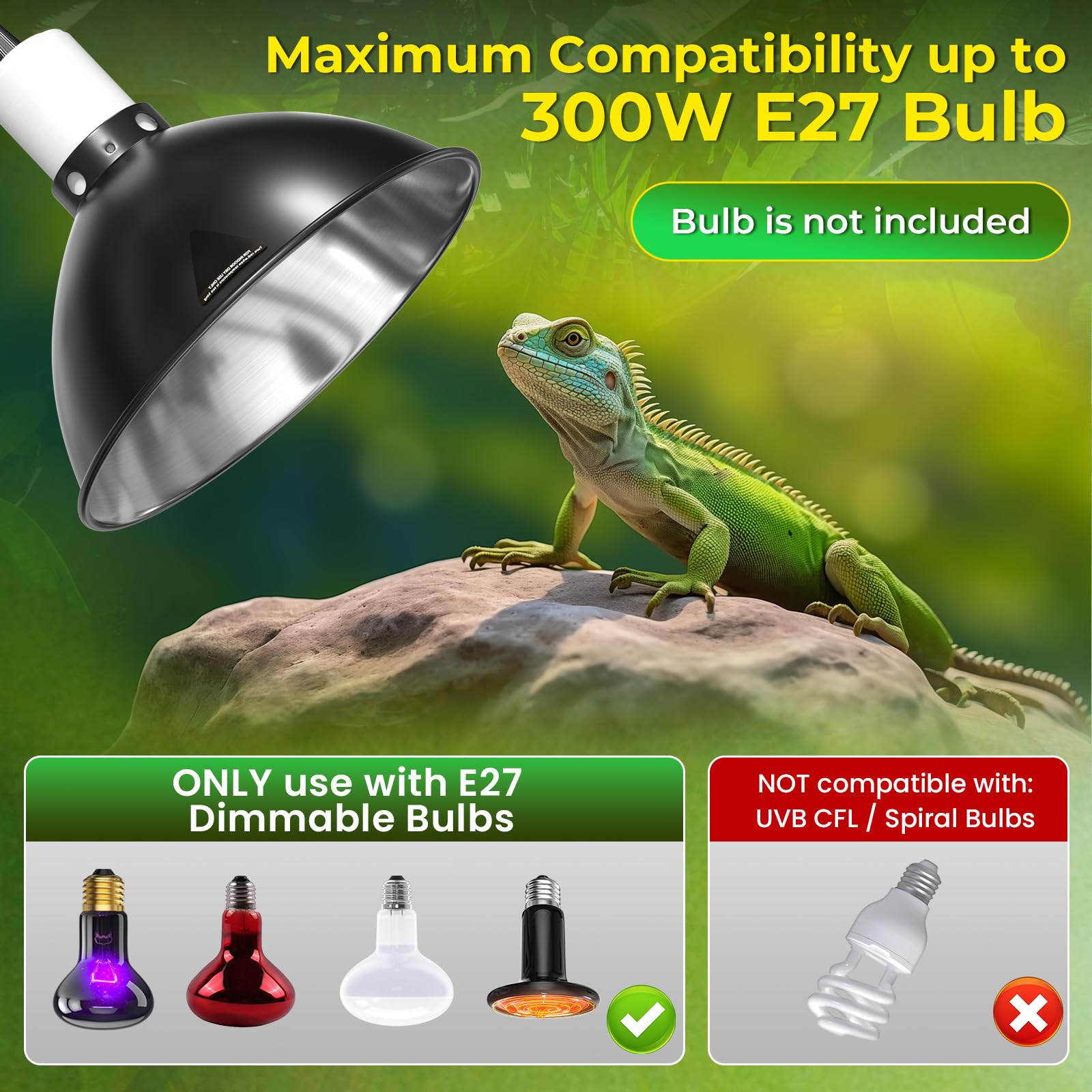 Lampada termica a forma di tartaruga con timer termostato per rettili, 21,6 cm, 300 W, E27, dimmerabile, UVA UVB, lampada a cupola per rettili, tartarughe, serpenti, draghi barbuti (senza