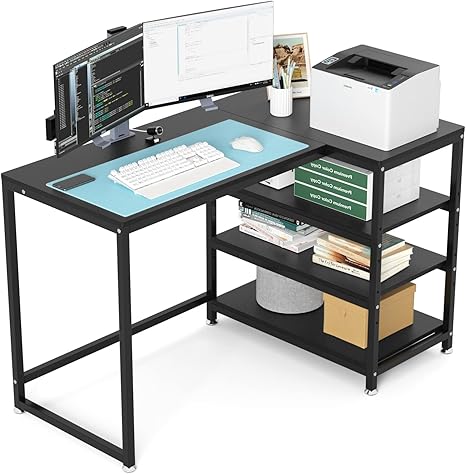 特別セール パソコンデスク L字型 幅1 奥行50 収納ラック付き 木製 黒 左右入替え 在宅勤務 組み立て簡単 ワークデスク テレワーク リモートワーク Pcデスク おしゃれ コンパクト ゲーミング ラック付き 作業机 勉強机 メラミン加工 一年保証 組立式 Dewel パソコン