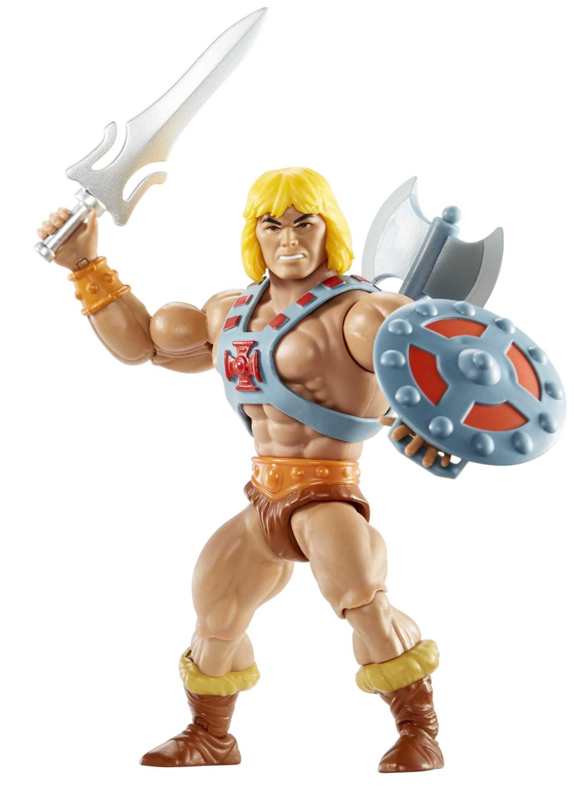 Masters of The Universe Origins Figura de acción de He-Man, Juguete de héroe de televisión de 13,97cm, Motu 1980, diseño detallado con arnés, Espada, Hacha y Escudo, JNP97