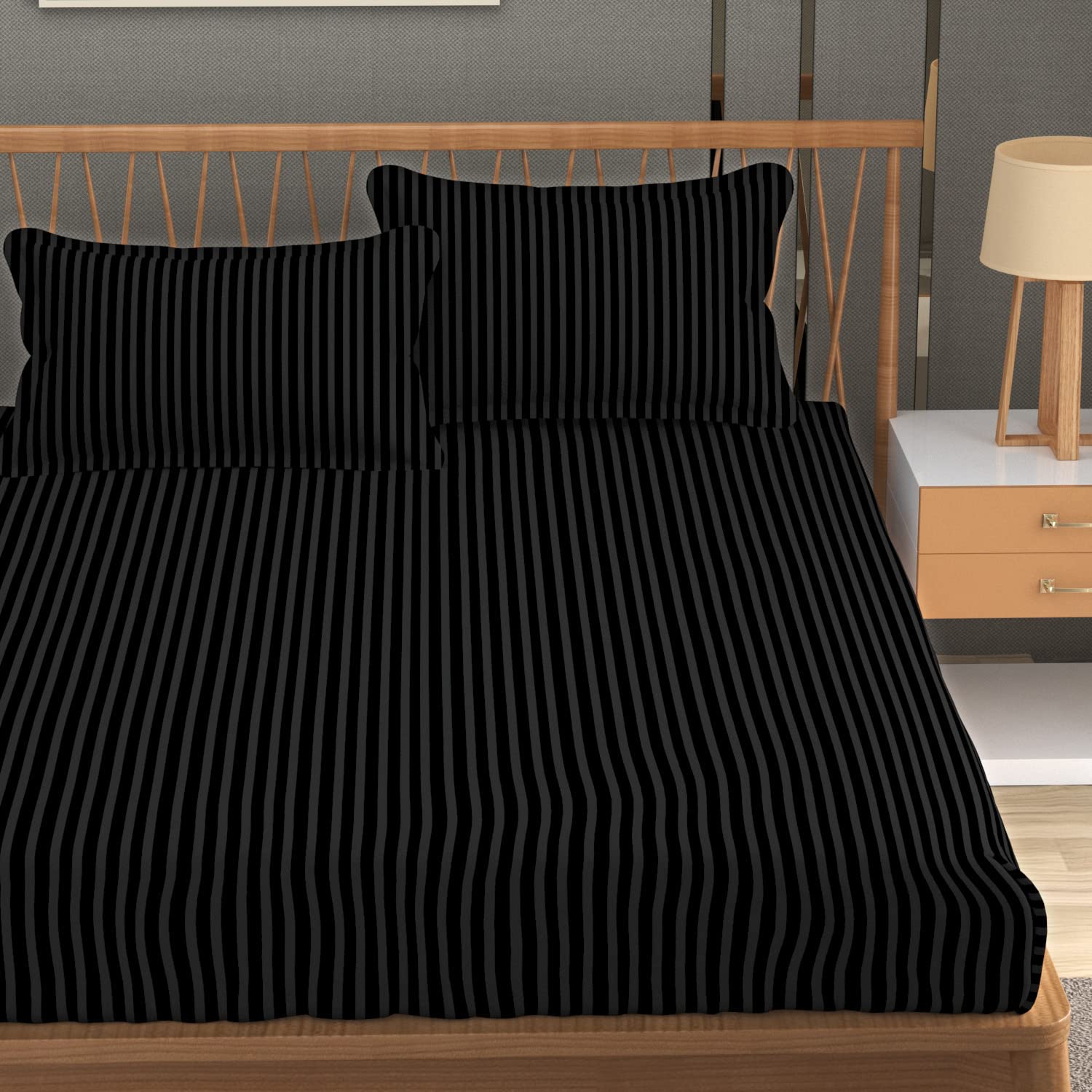 Homefab India 160 TC Stripe Glace Cotton Double BedSheet with 2 Pillow Covers - (90x90 inches) - Black