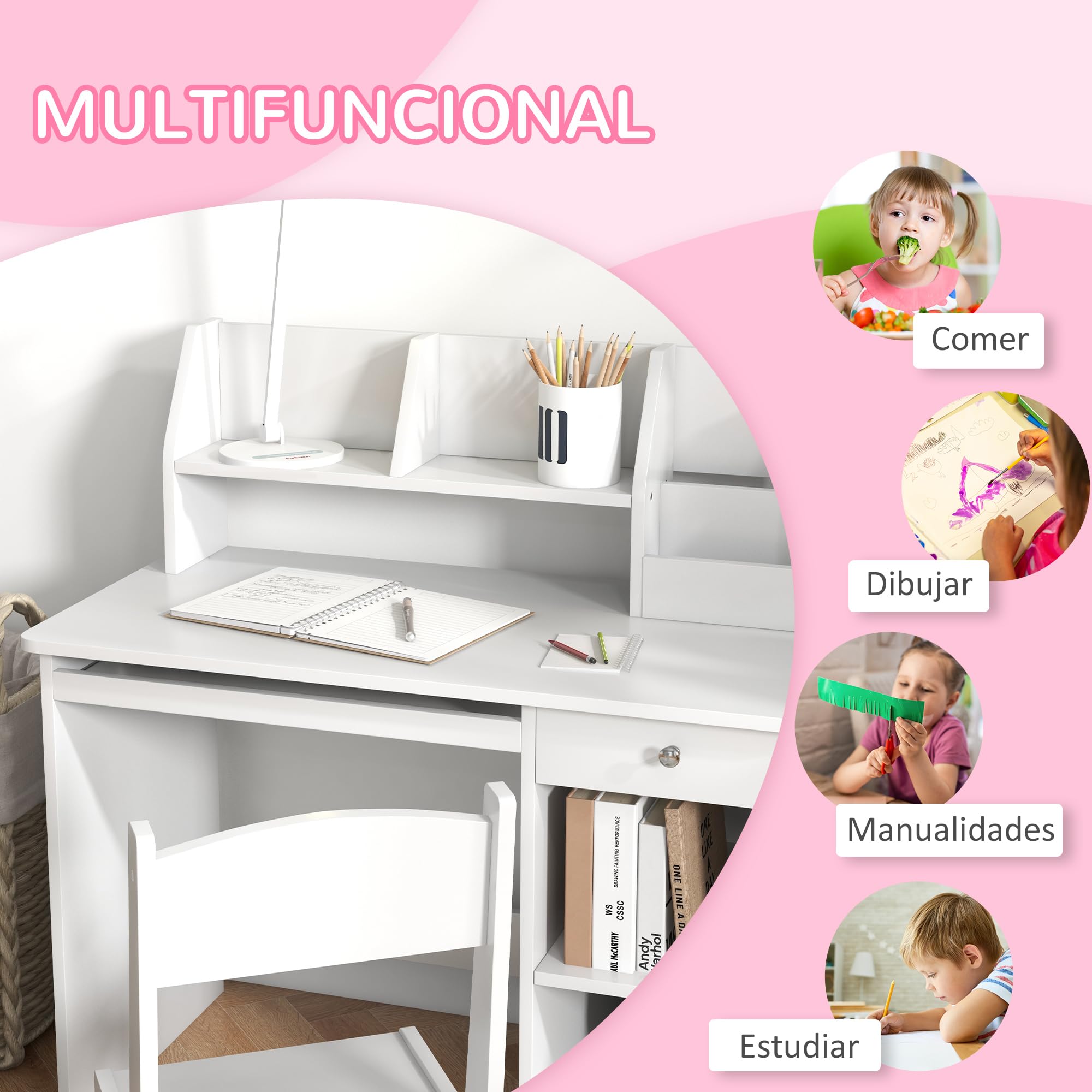 ZONEKIZ Juego de Escritorio y Silla para Niños de +5 Años, Pupitre Infantil con Compartimento y 2 Cajones, para Dormitorio, Sala, Estudio, Blanco