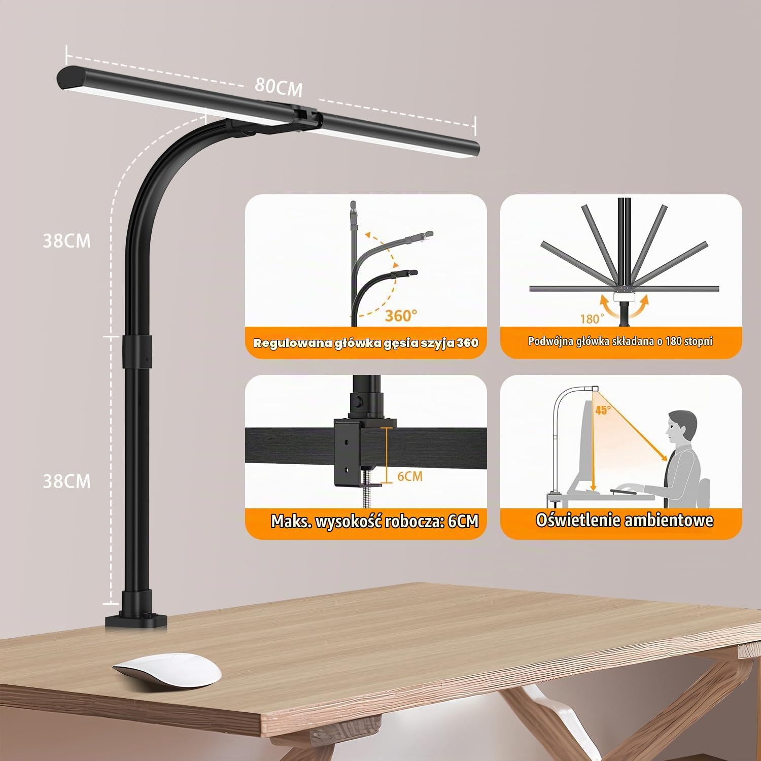 tantu Lampa biurkowa LED, ściemniana, 15 W, bezprzewodowe ładowanie i ładowanie USB, 24 W, 80 cm, podwójna głowica, 5 kolorów, 5 poziomów jasności (czarna – klipsy)