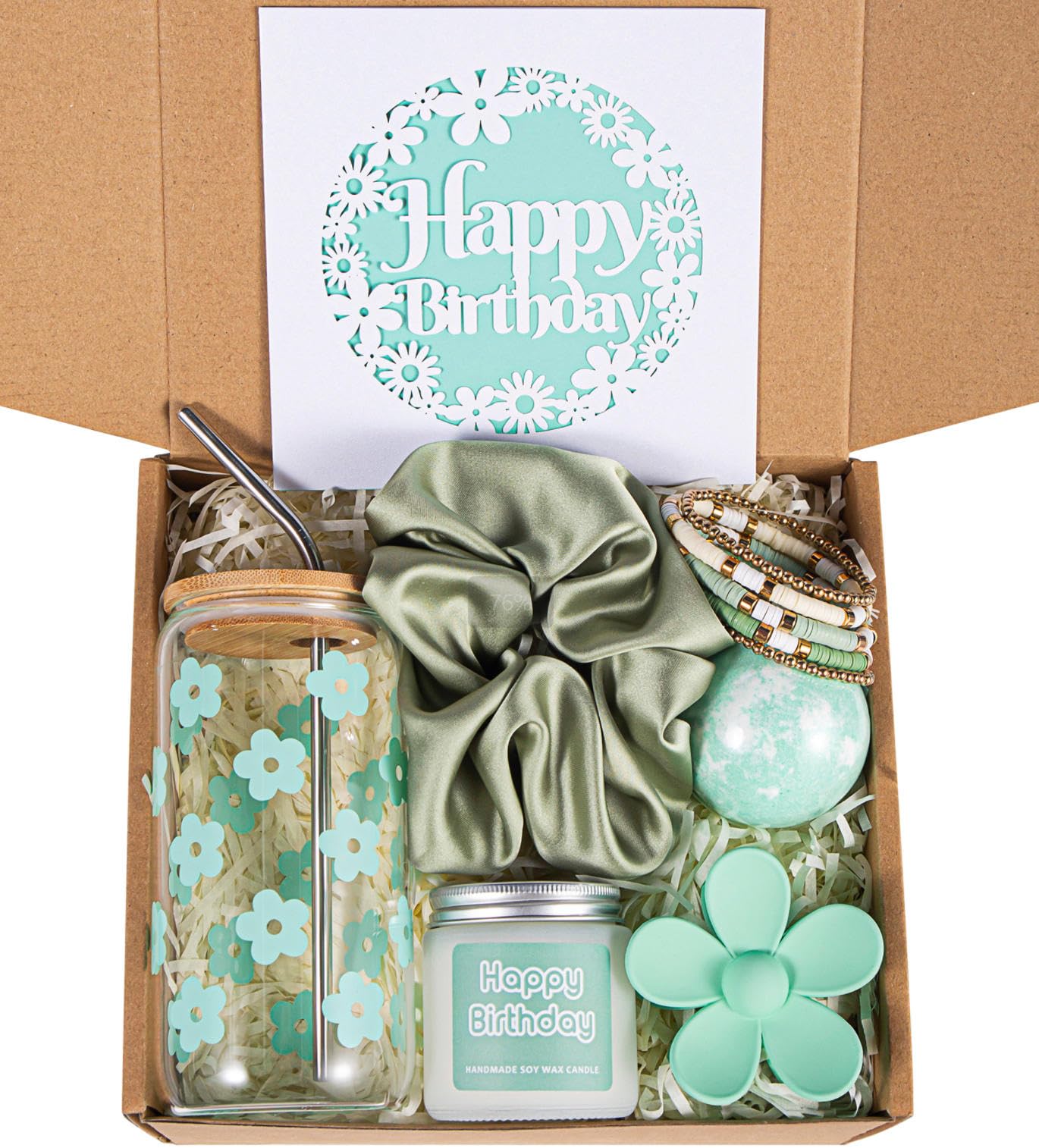 JTEWB Birthday Gifts For Women, Teen Girl, Her, Happy Birthday Gift Box For Girl, Women, Sister, Daughter, Friends, Cute Daisy Aesthetic Glass Cups Gift Set 7pcs (Mint green)