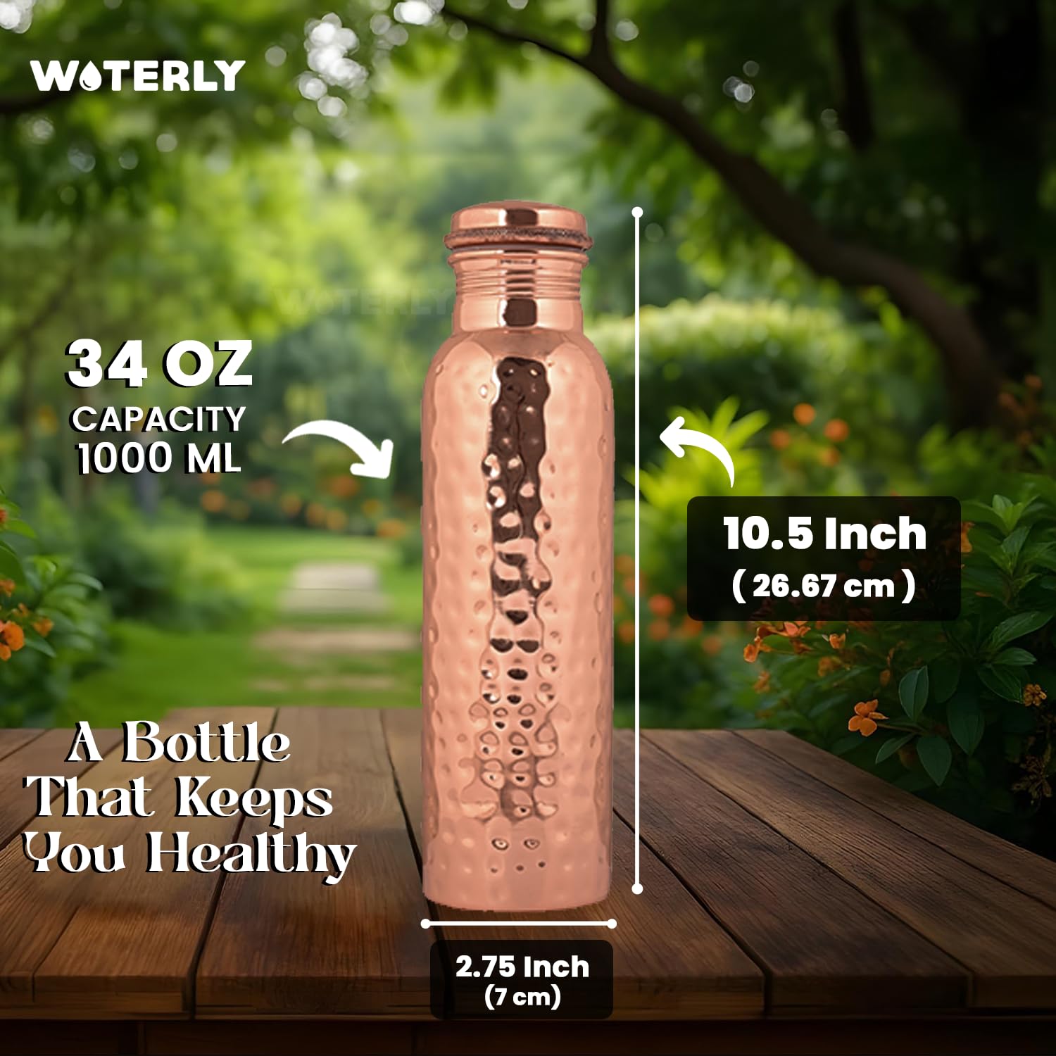 Handgefertigte Gehämmerte Kupferflasche, 1000 ml, Ayurvedische Flasche aus Reinem Kupfer, Ideal für Büro, Fitnessstudio und Geschenke, 100% Schweres Kupfermaterial