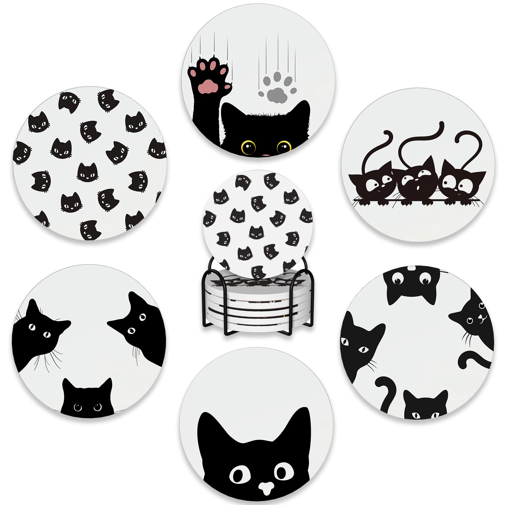 Drink Coasters Set of 6 with Holder,Cute Black Cat Absorbent Ceramic Coasters with Cork Base,Fit All Cups,Tabletop Protection Mat for Mugs and Cups,