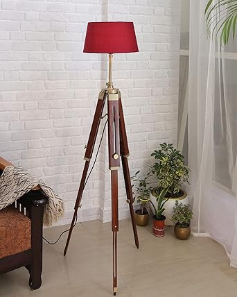 Homesake Industrial Tripod Floor Incandescent Lamp For Living Room Bedroom, Vintage Reading Incandescent Lamp With Wooden Metal Legs,Nautical Incandescent Lamp For Office Dorm Home(Tripod, Red)