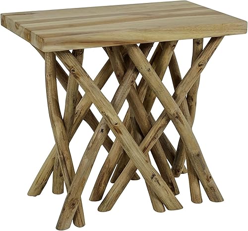 Mesa auxiliar 100% madera de teca maciza, 20 pulgadas de ancho x 12 pulgadas de profundidad x 18 pulgadas de alto, teca natural con ramas en marrón,