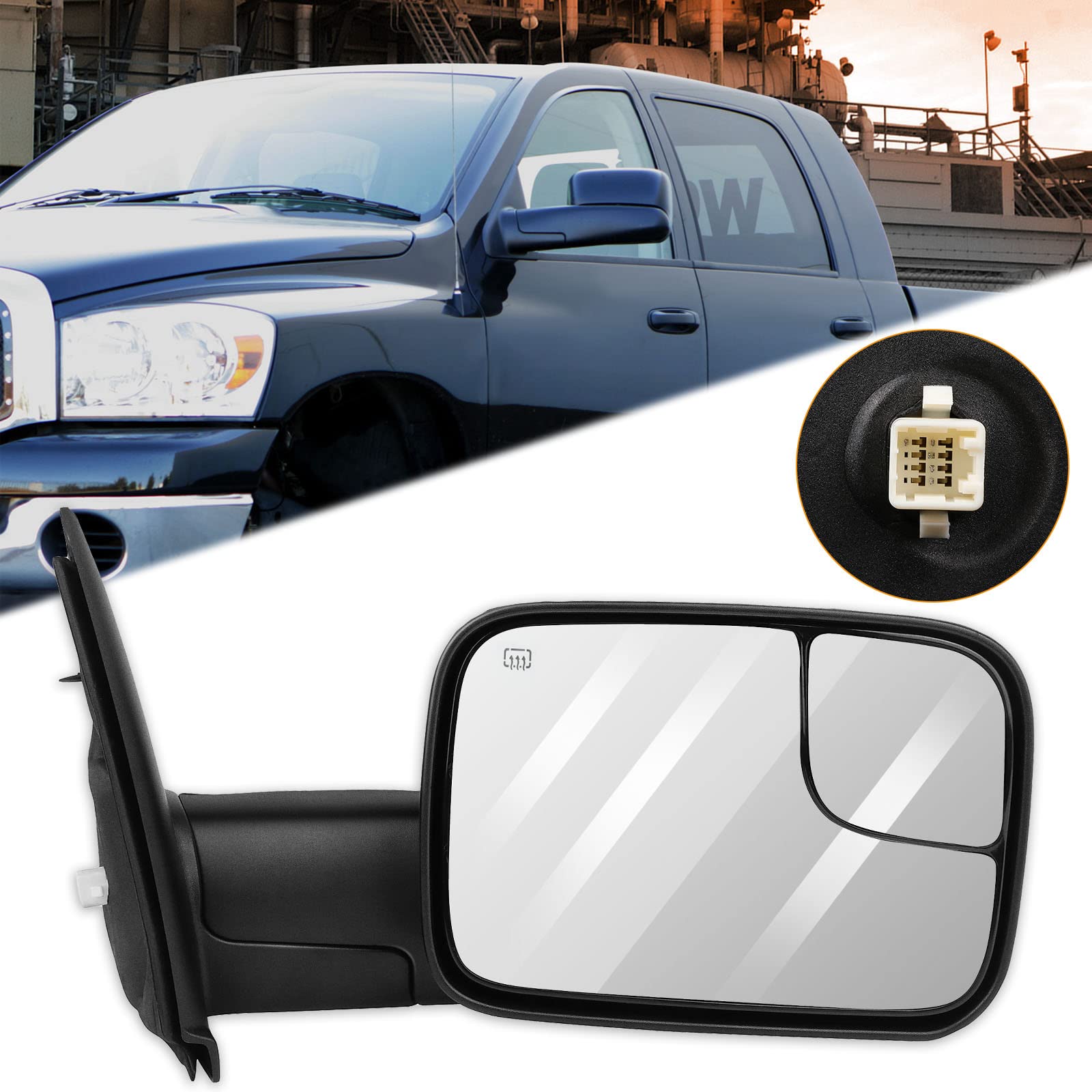 ITOPUP Towing Mirror Fits 2002-2008 For Dodge For Ram 1500 2003-2009 For Dodge For Ram 2500/3500, Right Side Tow Mirror with Power Control Heated