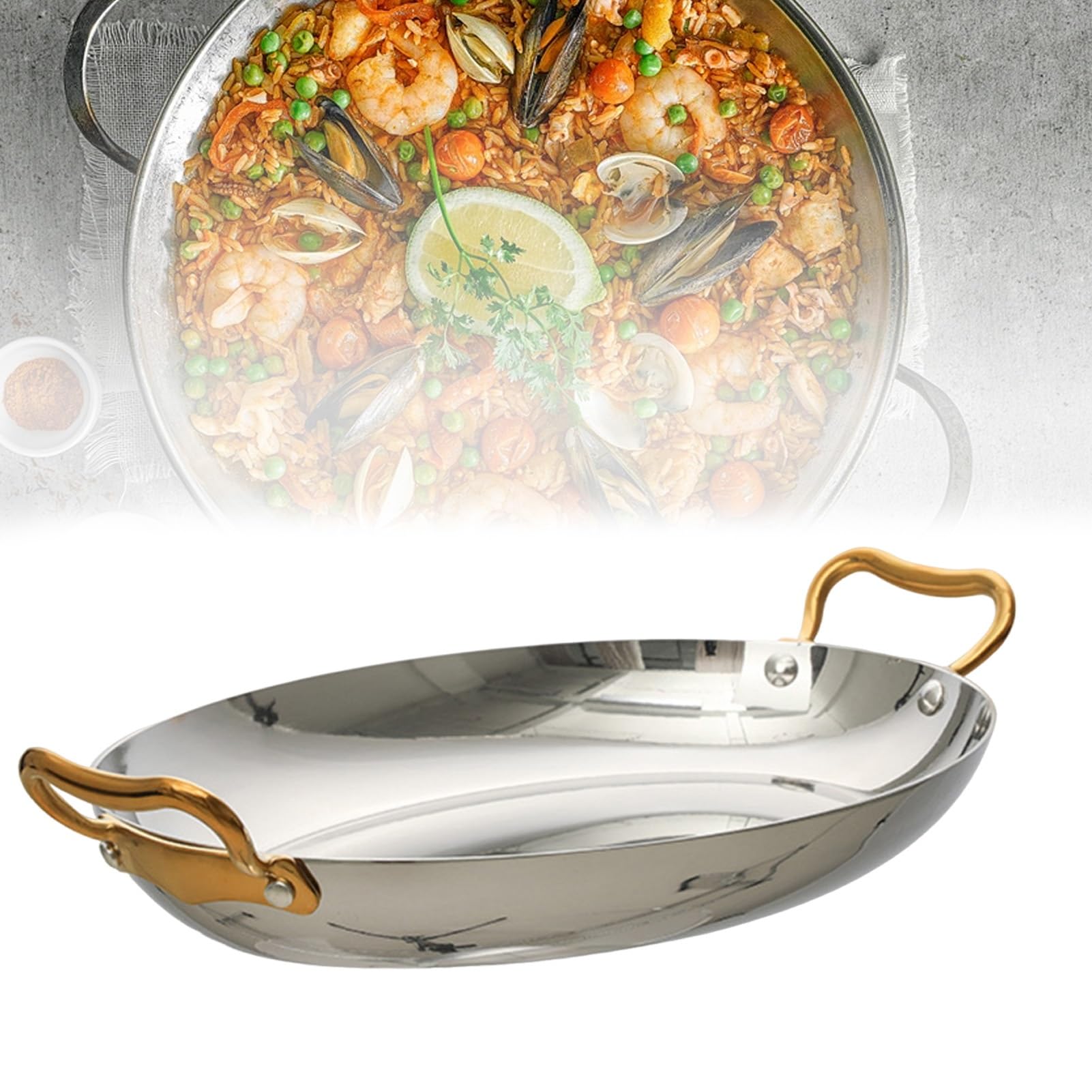 Paellera fabricada en acero inoxidable, con doble asa, antiadherente, apta for grill, cocina de gas, cocina eléctrica e inducción.(Silver,30cm)