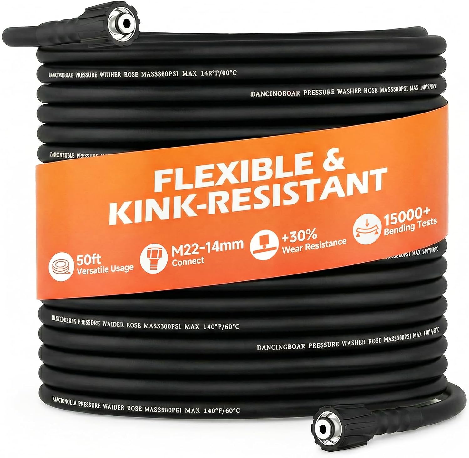Pressure Washer Hose 50FT 1/4", 3300 PSI Wear & Kink Resistant Power Washer Hose with M22-14mm Fitting, High Pressure Replacement Hose for Gas & Electric Pressure Washers