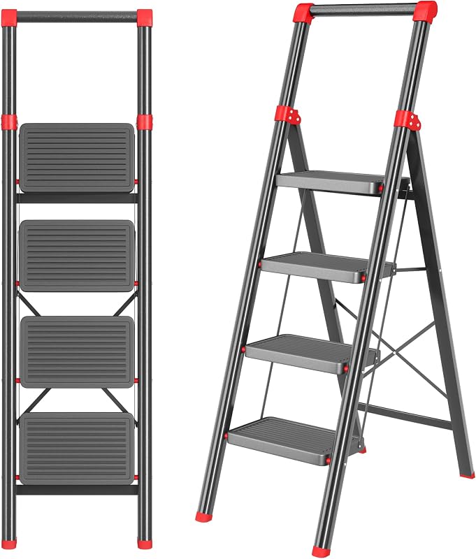 Foldable Step Ladder Stool for Home,4 Step Stool with Wide Anti-Slip Pedal, Heavy Duty 600Lbs Ladder for Indoor Kitchen Closet Stair Use,Black Red