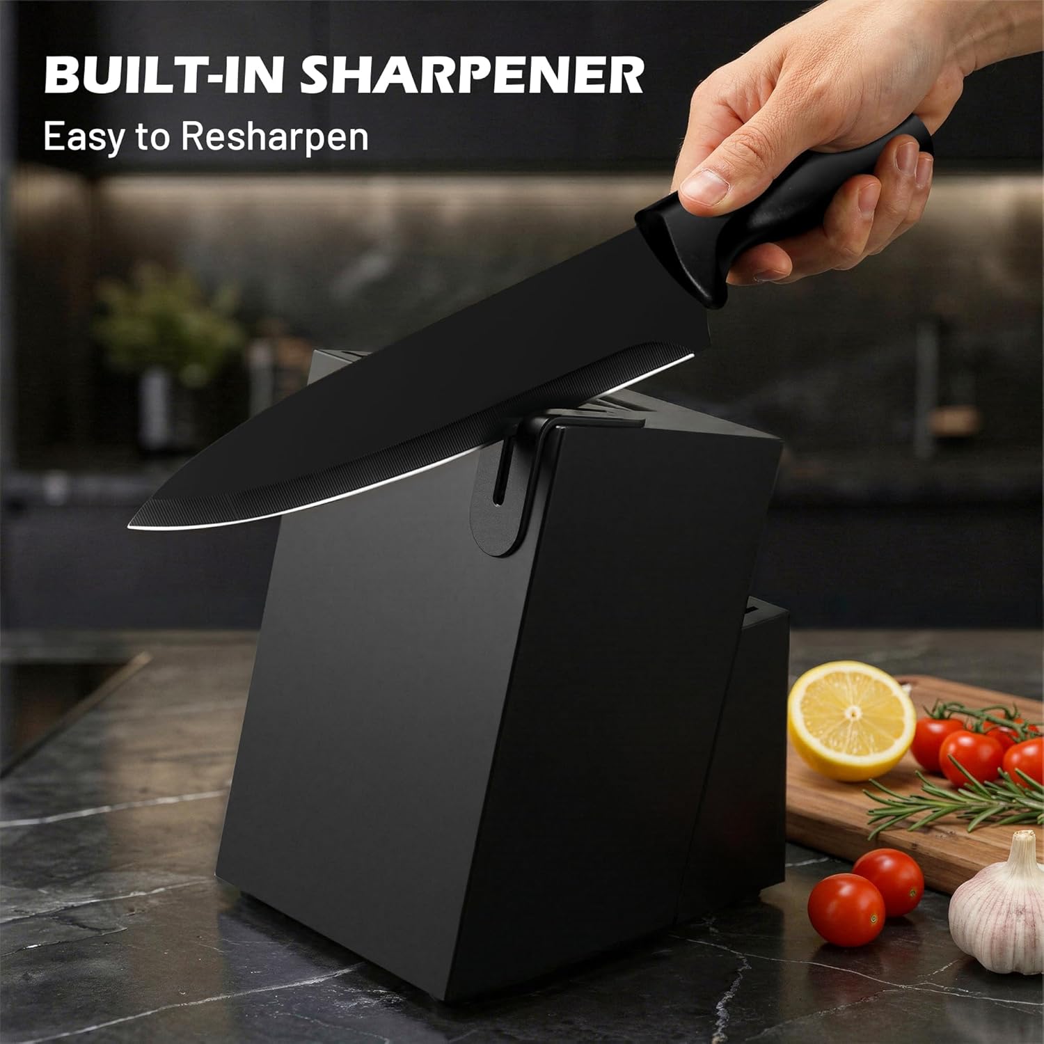Knife Set, KroWallu 16 Pieces Knife Sets for Kitchen with Block, Dishwasher Safe Kitchen Knife Set with Built-in Sharpener, Japanese Stainless Steel Black Knife Block Set