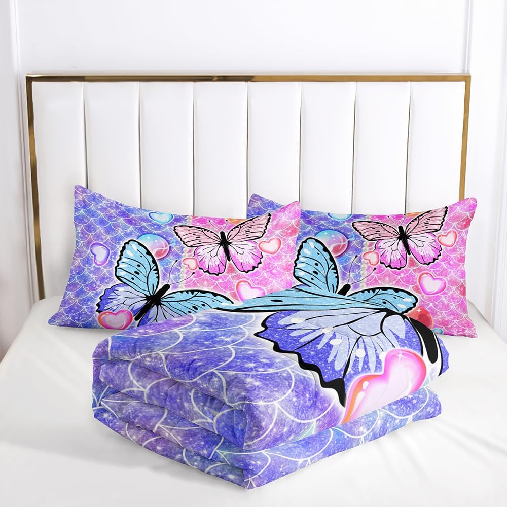 DYcolor 3D Cute Scales Floral Butterfly Printed Quilt, 3-Piece Hearts Flower Butterflies Comforter Set with 1 Comforter and 2 Pillow Shams for Kids/Adults (BluePink, Twin)