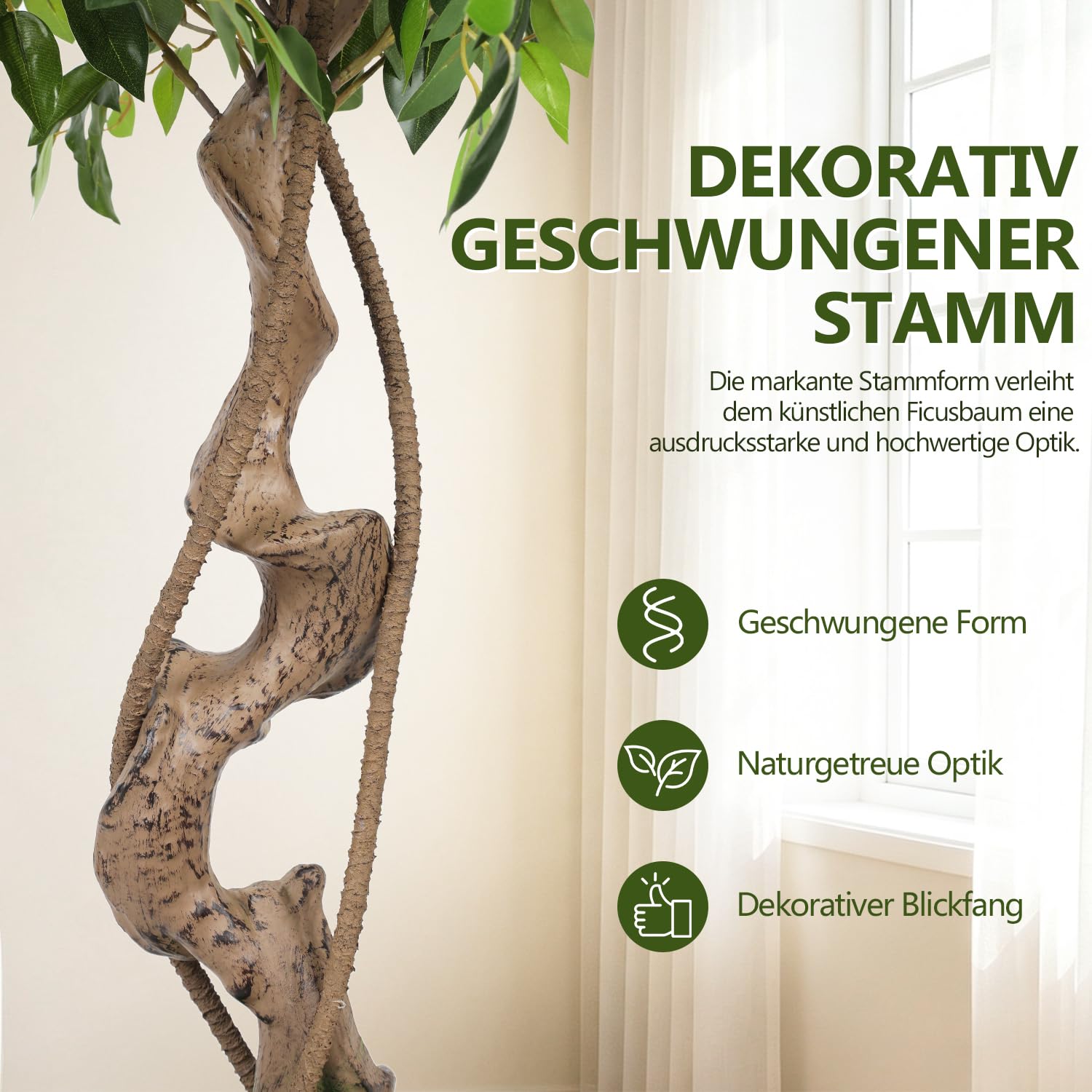 Ficus-Kunstbaum 120cm Birkenfeige mit zweistufiger Krone im weißen Topf