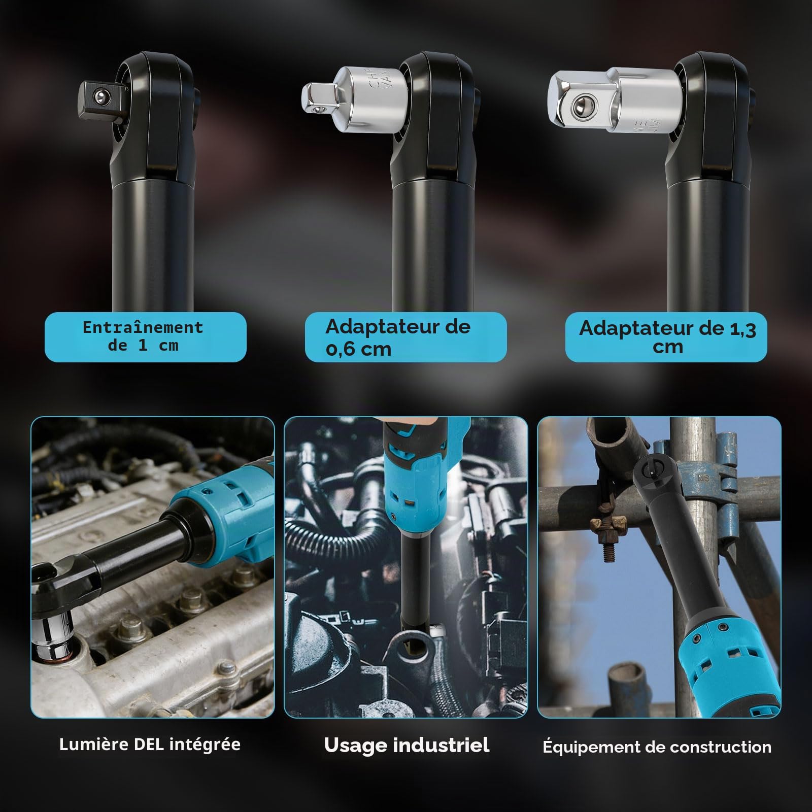 JOJOCY Clé à cliquet sans fil 3/8" compatible avec batterie MK 18 V avec adaptateur 1/2" et 1/4", tête allongée de 15 cm, vis à cliquet électrique, 80 Nm, 320 tr/min (bleu)