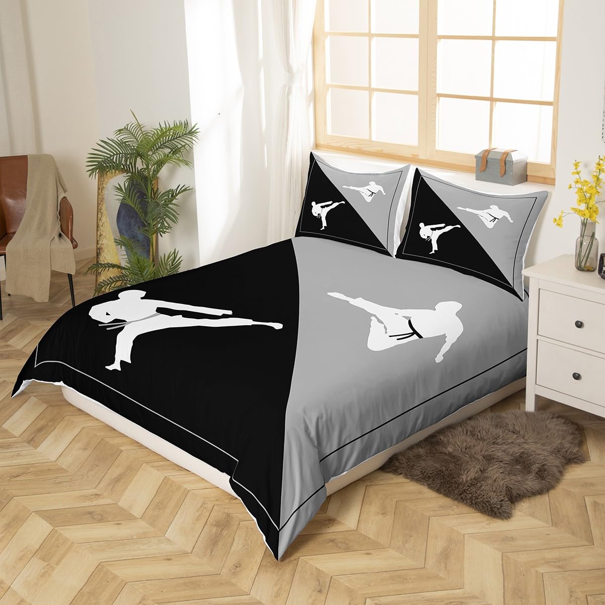 Taekwondo Duvet Cover,Kids Japanese Sports Bedding Set,Black Gray White Comforter Cover for Boys Girls Room Decor,Kungfu Lightweight Bedspread Cover Twin Size with 1 Pillow Case(No Comforter)