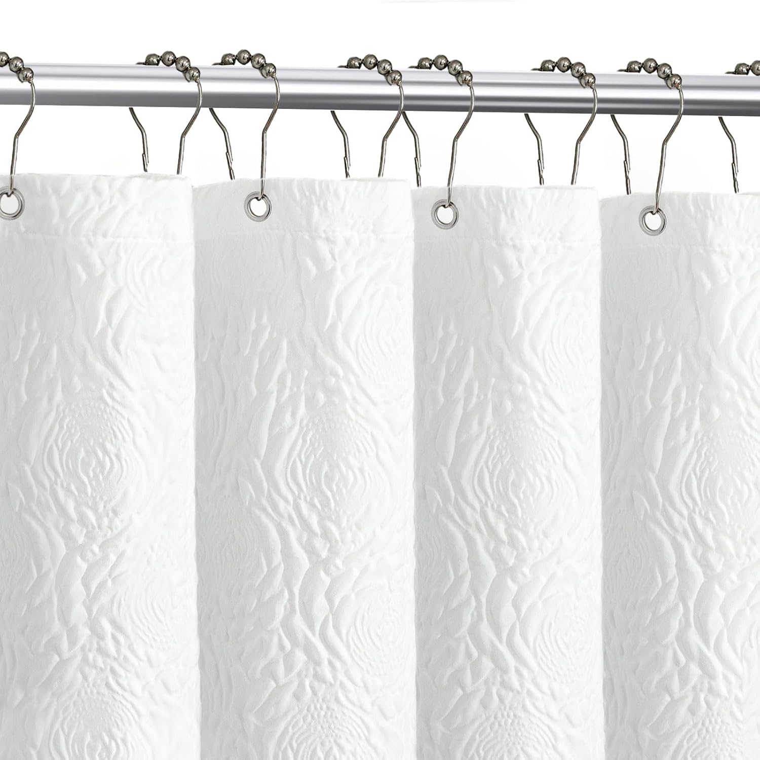 Tititex White 3D Embossed Floral Textured Fabric Shower Curtain for Bathroom,Modern Farmhouse Soft Cloth Shower Curtain Set - 72x72