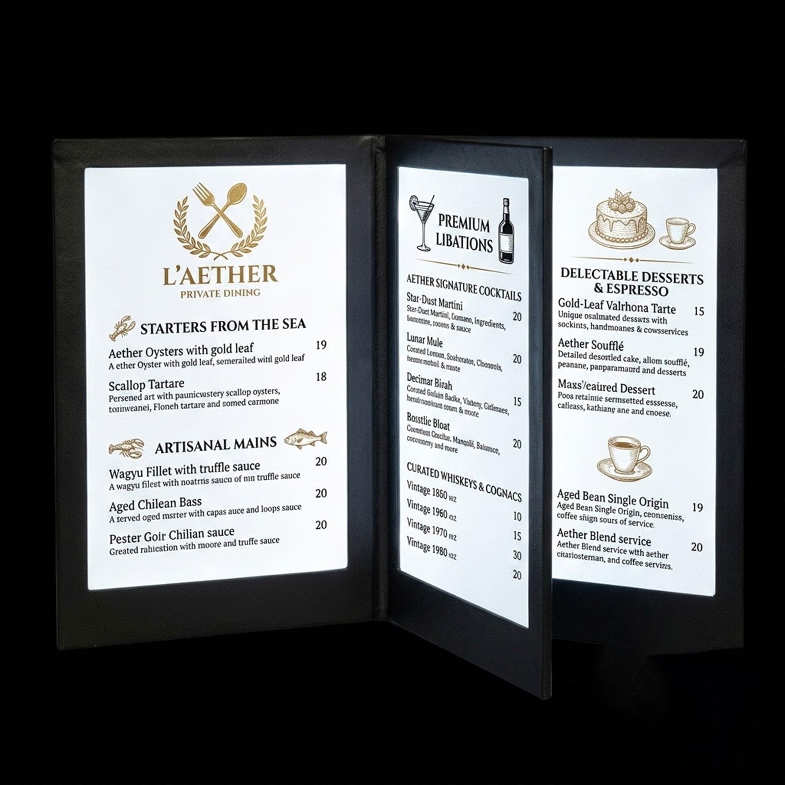 Glwabomars A4fourside5pack A4 Led Menu Display Folder, Four Sided Rechargeable Illuminated Menu Holder, Professional Restaurant Menu Cover For Food And Drink Lists