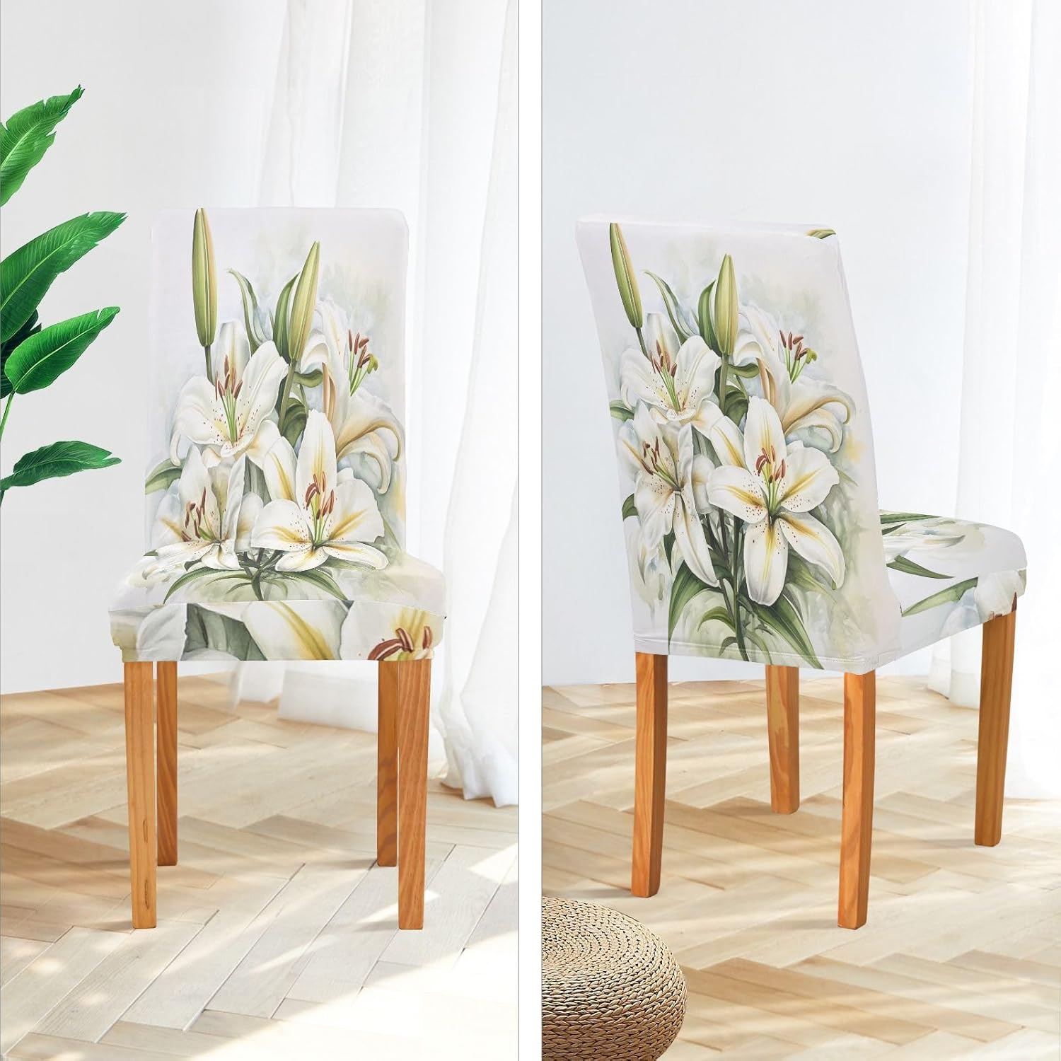 ALAZA Chair Covers for Dining Room, Watercolor A Graceful Collection of White Lily Stretch Chair Cover Sets Chair Protector Removable Washable for Ktichen Restaurant Hotel