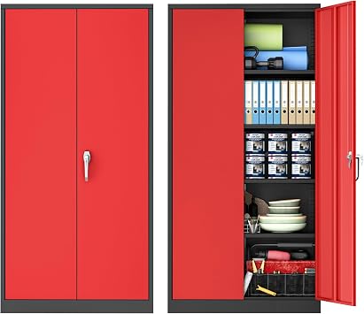 Superday 72" Lockable Steel Storage Cabinet, Locking Metal Storage Cabinets, Tall Black Red Cabinet with 2 Doors and 4 Adjustable Shelves for Garage, Home Office, Classroom, File, Easy Assemble