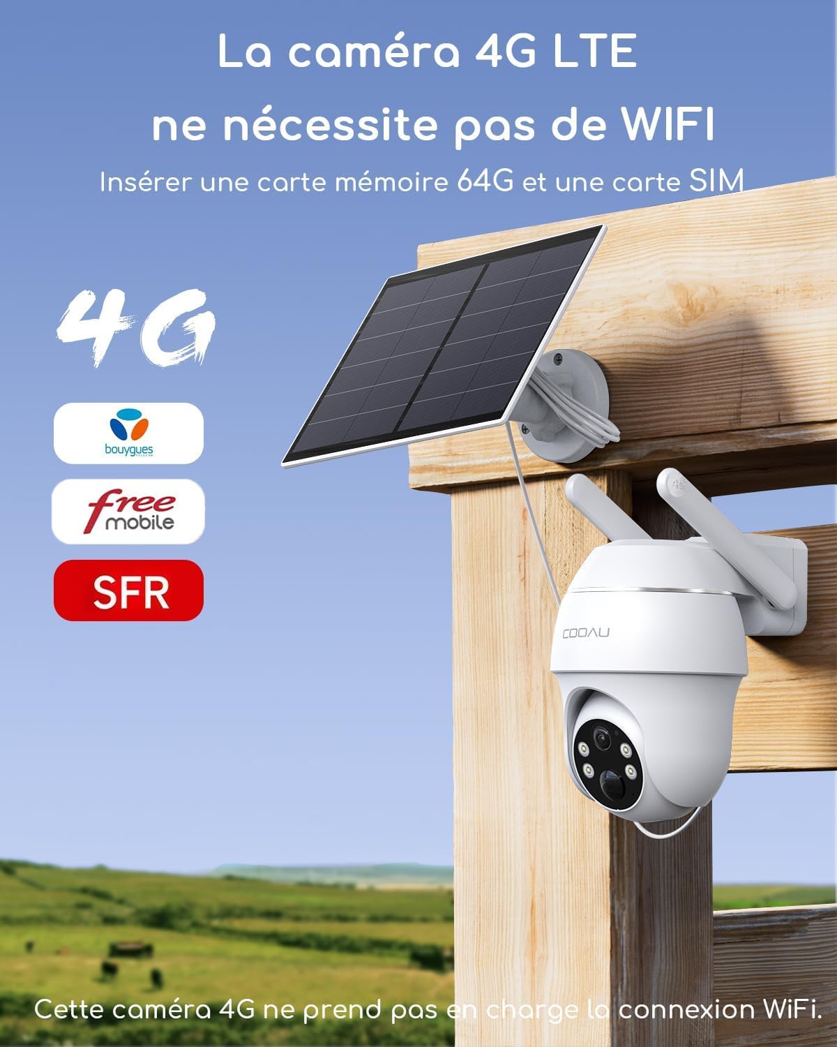 COOAU 4G LTE Camera Surveillance Extérieure sans fil - 2K 3MP Caméra Solaire sans Wi-Fi avec carte SIM | 360° PTZ | Audio bidirectionnel | Vision nocturne couleur | IP66 | Stockage local 64 Go & cloud