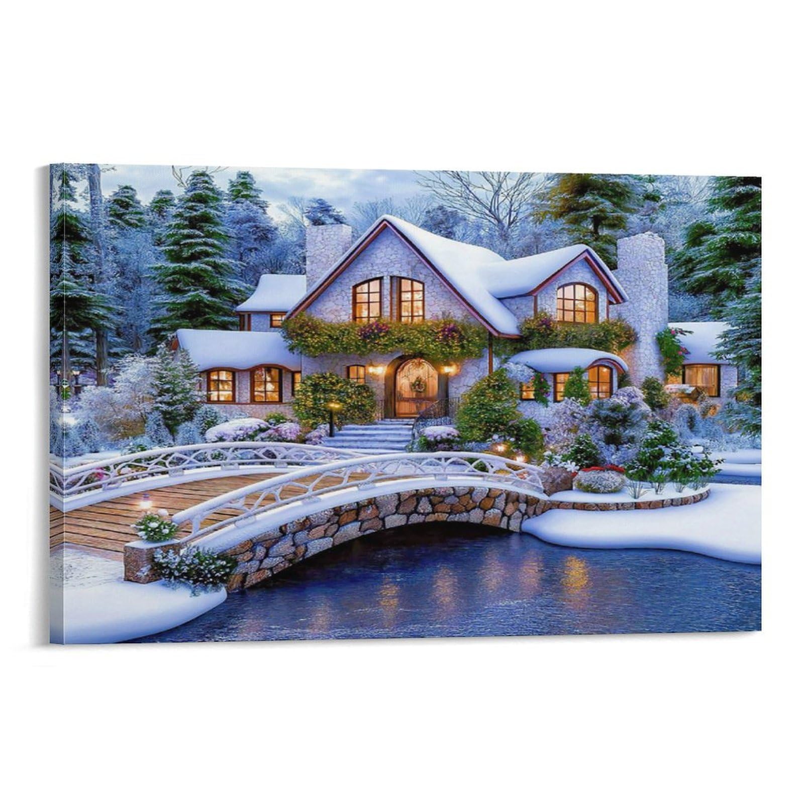 CPLVKWRQJ Snowy Cottage Scene 1 Piece Chalet Stone Bridge Frosty Winter Forest Framed Canvas Print - Living Room Focal Point Ready to Hang Gallery Wall Decor 16x24inch(40x60cm)