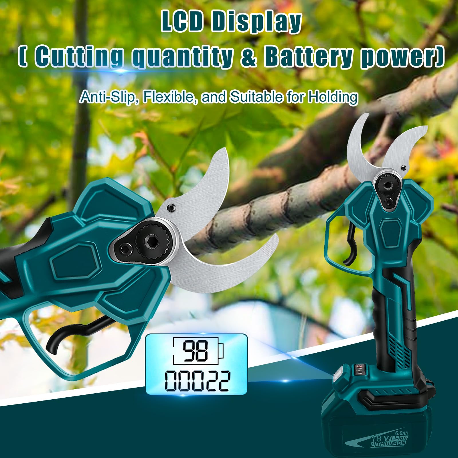 Troncarami compatibile con Makita 18 V (non batteria) apertura 65 mm | diametro di taglio massimo 40 mm, display LCD, cesoie elettriche ricaricabili per rami e fiori