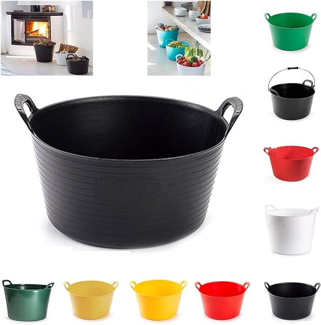 15L Heavy Duty Plastic Flexi Tub Home Garden Flexible Storage Bucket Container Bucket Laundry Toys Kitchen Bucket, Rubble Container, 2-Handled Recycled Tub Plastic Storage Bucket (Black)