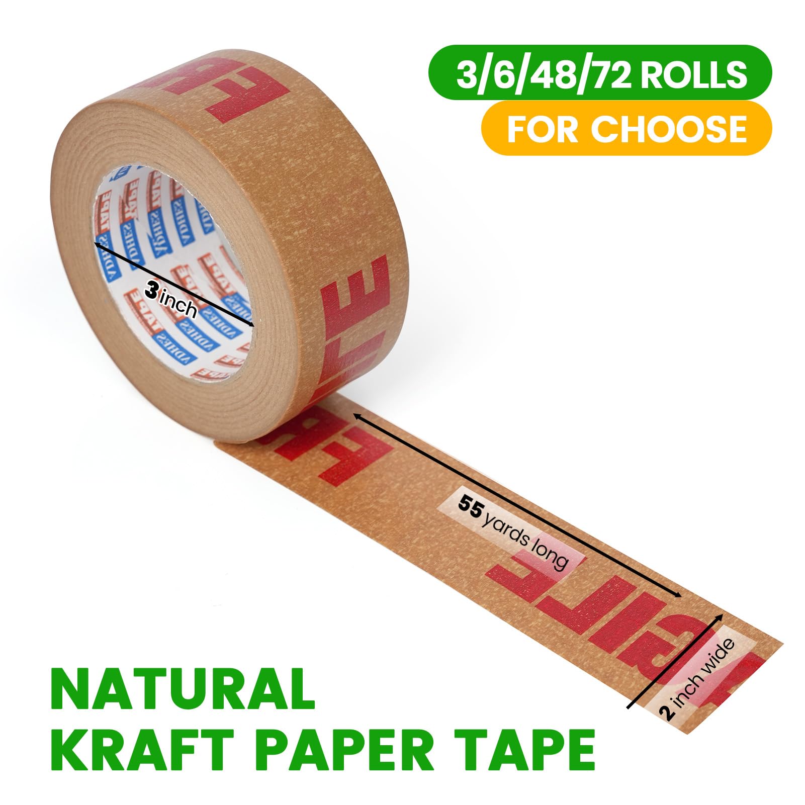 ADHES 72 Roll Abbaubares Kraftpapier-Verpackungsband, 50mm x 50m Industrielles Verpackungsband, Geeignet für Umzugsverpackungen