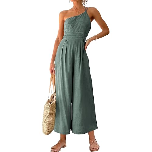 ANRABESS Women's Summer Straps One Shoulder Pleated High Waist Casual Wide Leg Jumpsuit Romper with Pockets