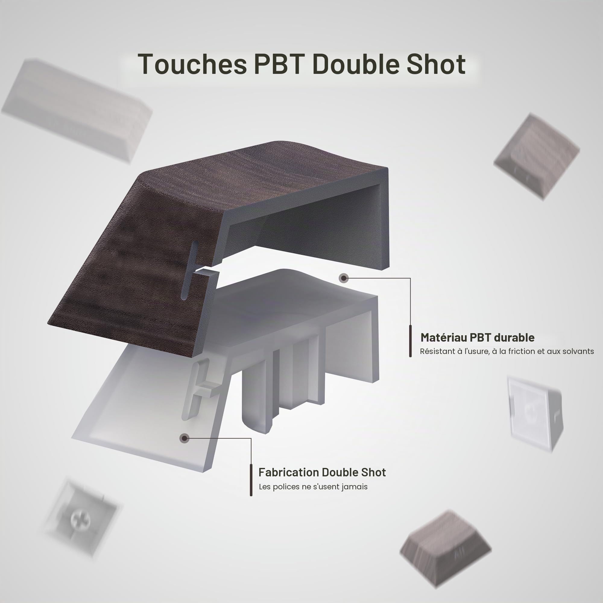 PBT Keycaps, 135 touches Cherry Profile Shine Through Custom Keycaps, impression latérale ANSI US Double Shot pour clavier mécanique, textures noyer
