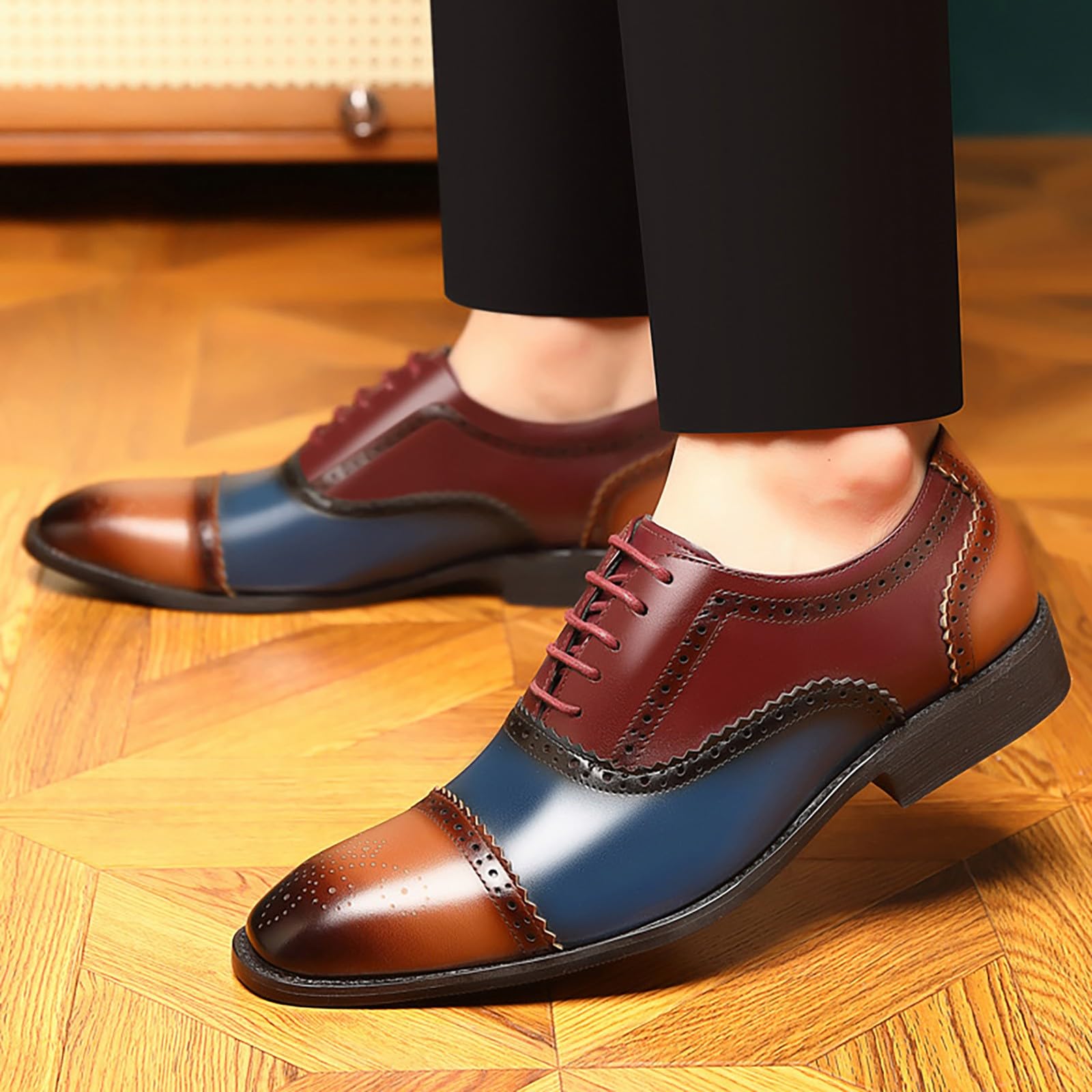 Scarpe da uomo in pelle da lavoro, classiche scarpe brogue brevettate con lacci Oxfords a punta scarpa in pelle tacco a blocco antiscivolo casual casual scarpe larghe per eventi aziendali casual