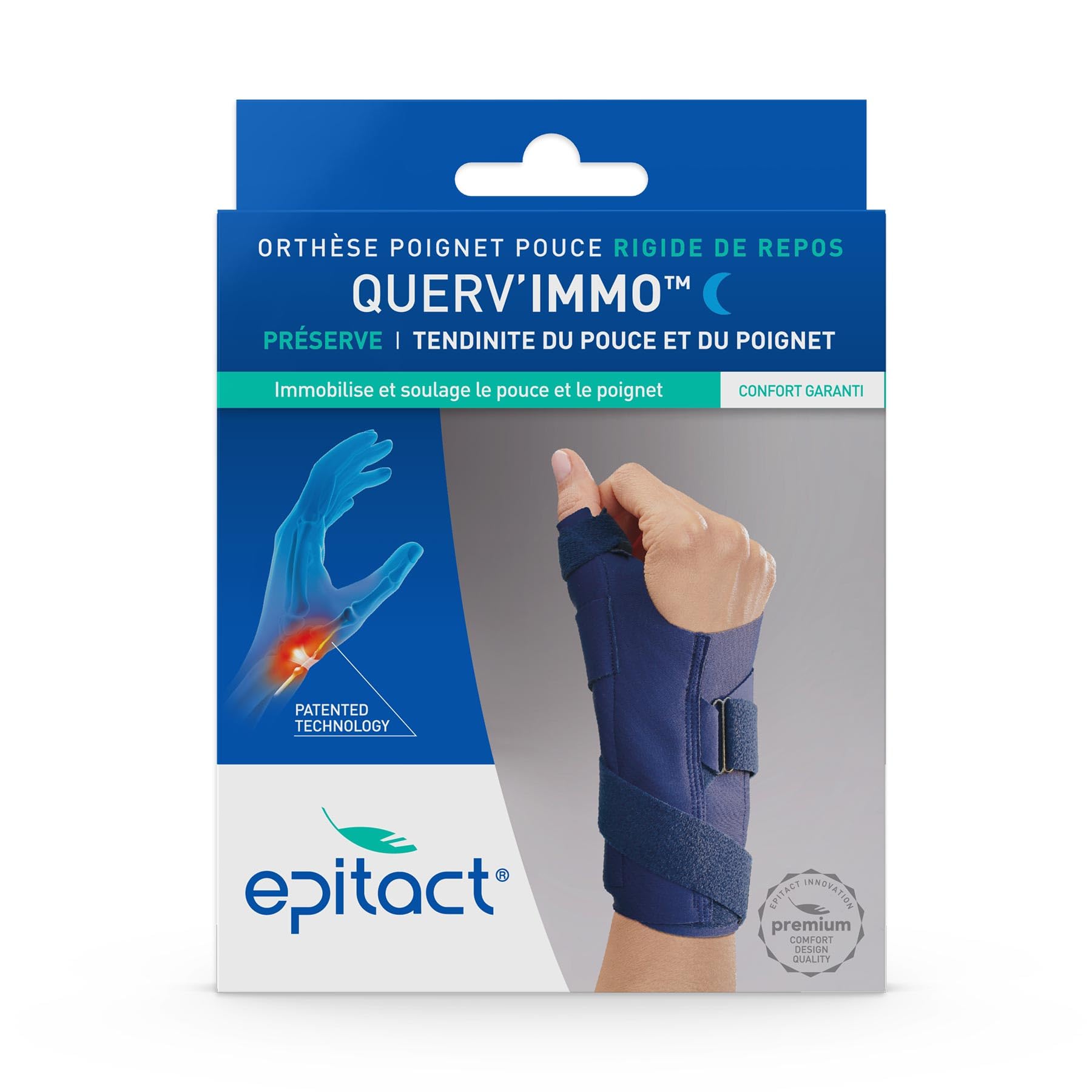 Epitact | Férula de puño Querv'Immo | Tendinitis del Pulgar, Tenosinovitis de Quervain | Alivia el Dolor de Noche o en Descanso | Comodidad Óptima | Innovación Francesa (M, Izquierda)