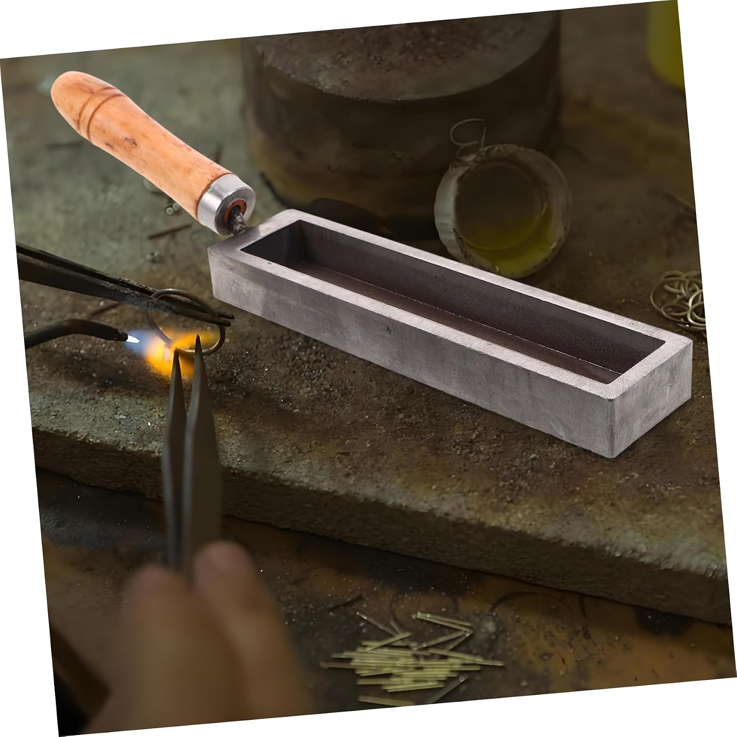 Anneome Rustic Iron Ingot Mold for Melting and Casting Gold and Comfortable Wooden Handle with Precision Oil Groove for Jewelry Making