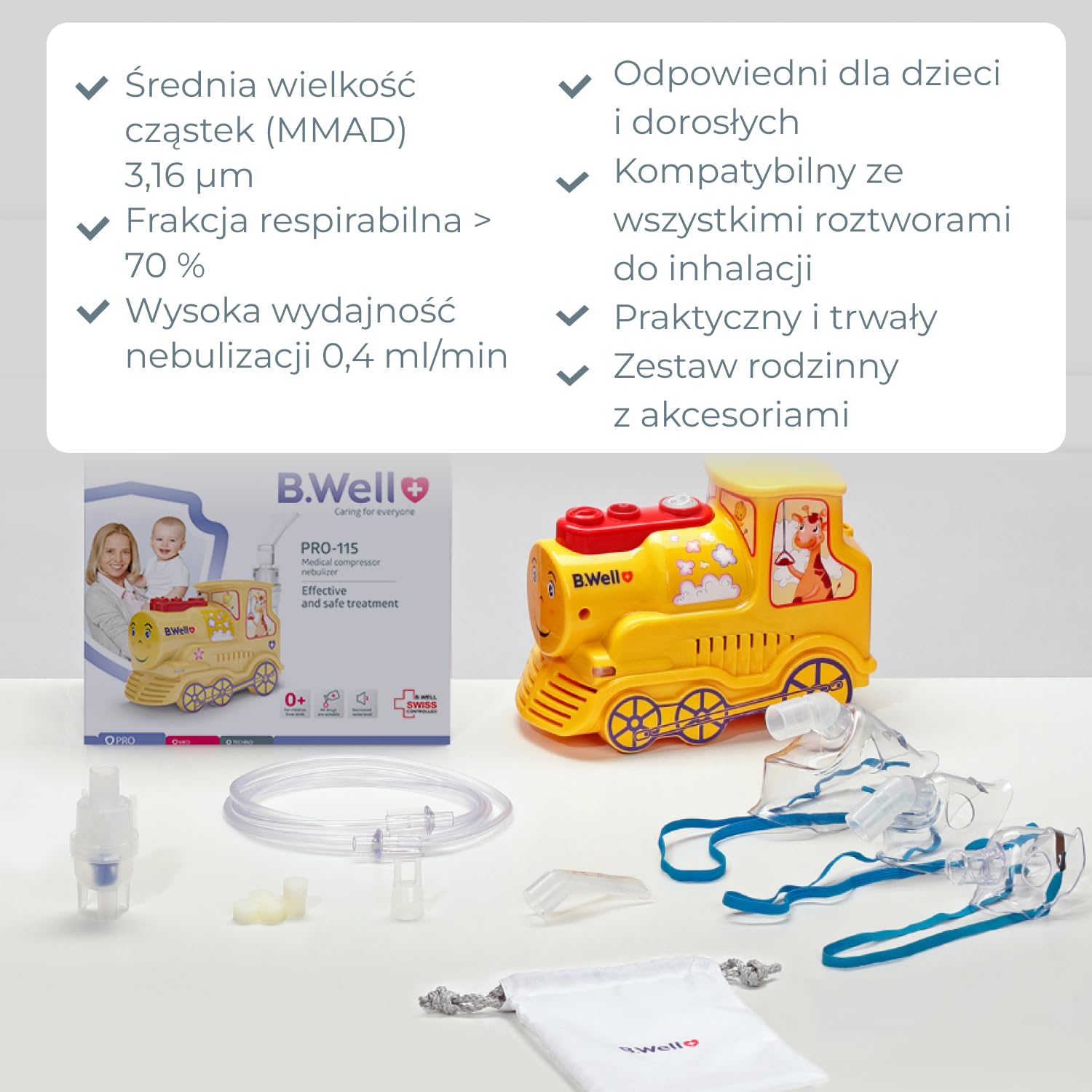 INHALATOR NEBULIZATOR TŁOKOWY B.WELL DLA DZIECI I DOROSŁYCH 3 MASKI