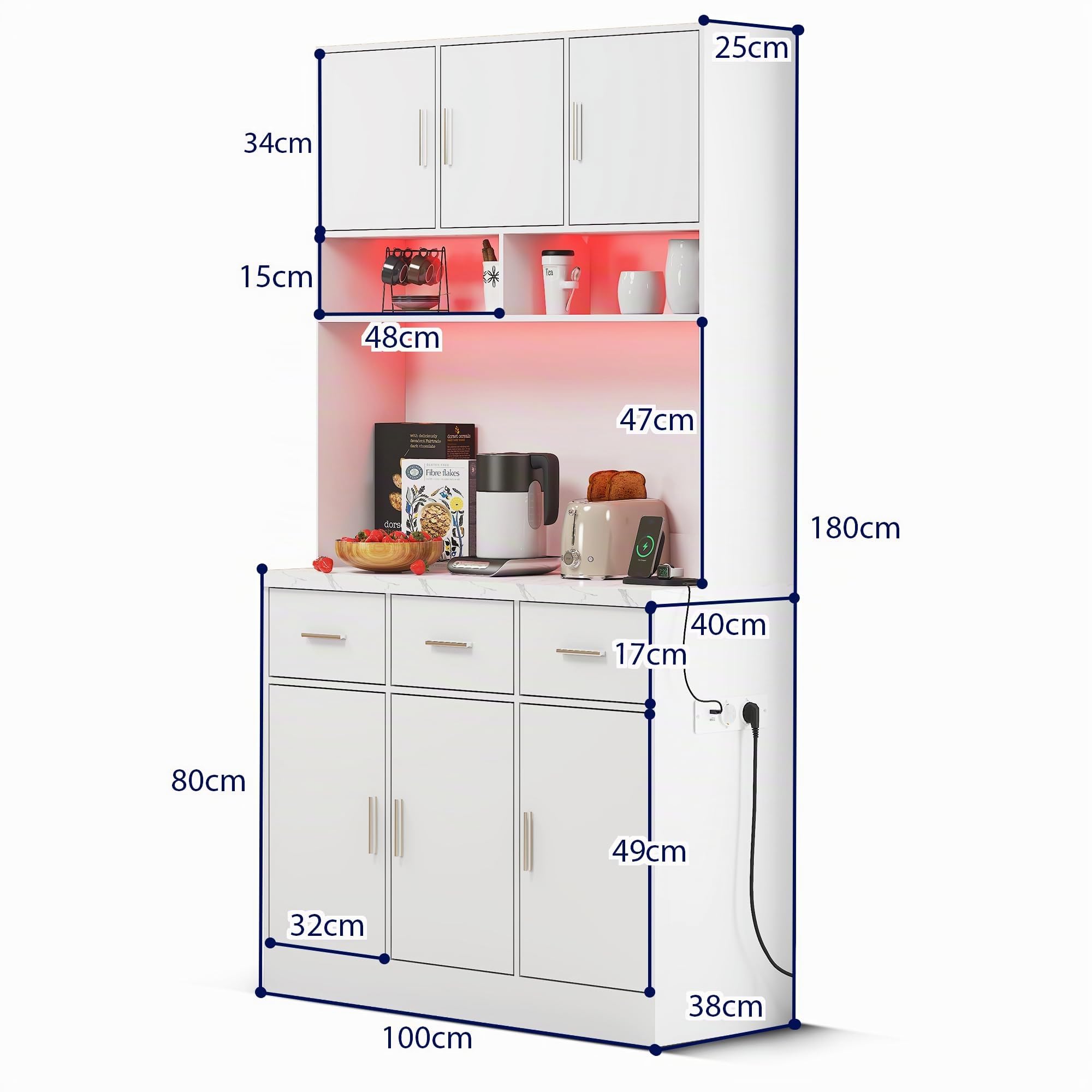 Kayan Küchenschrank Buffetschrank mit LED Sideboard für Küche mit Steckdosenleiste Küchenschrank mit Arbeitsplatte und 3 Schubladen Küchenbuffet mit Verstellbares Regal, 180x100x40 cm (Weiß)