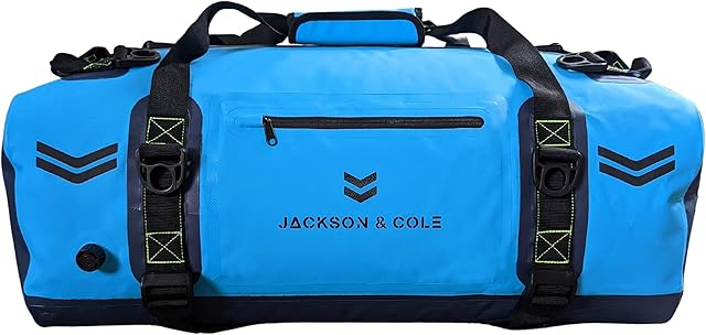Jackson & Cole Aonyx 60 Waterproof Duffel Bag Backpack - Large Dry Bag 60L Holdall with Waterproof Zip, Removable Shoulder Straps, Welded Seams for Watersports, Motorcycling, Camping (Blue)