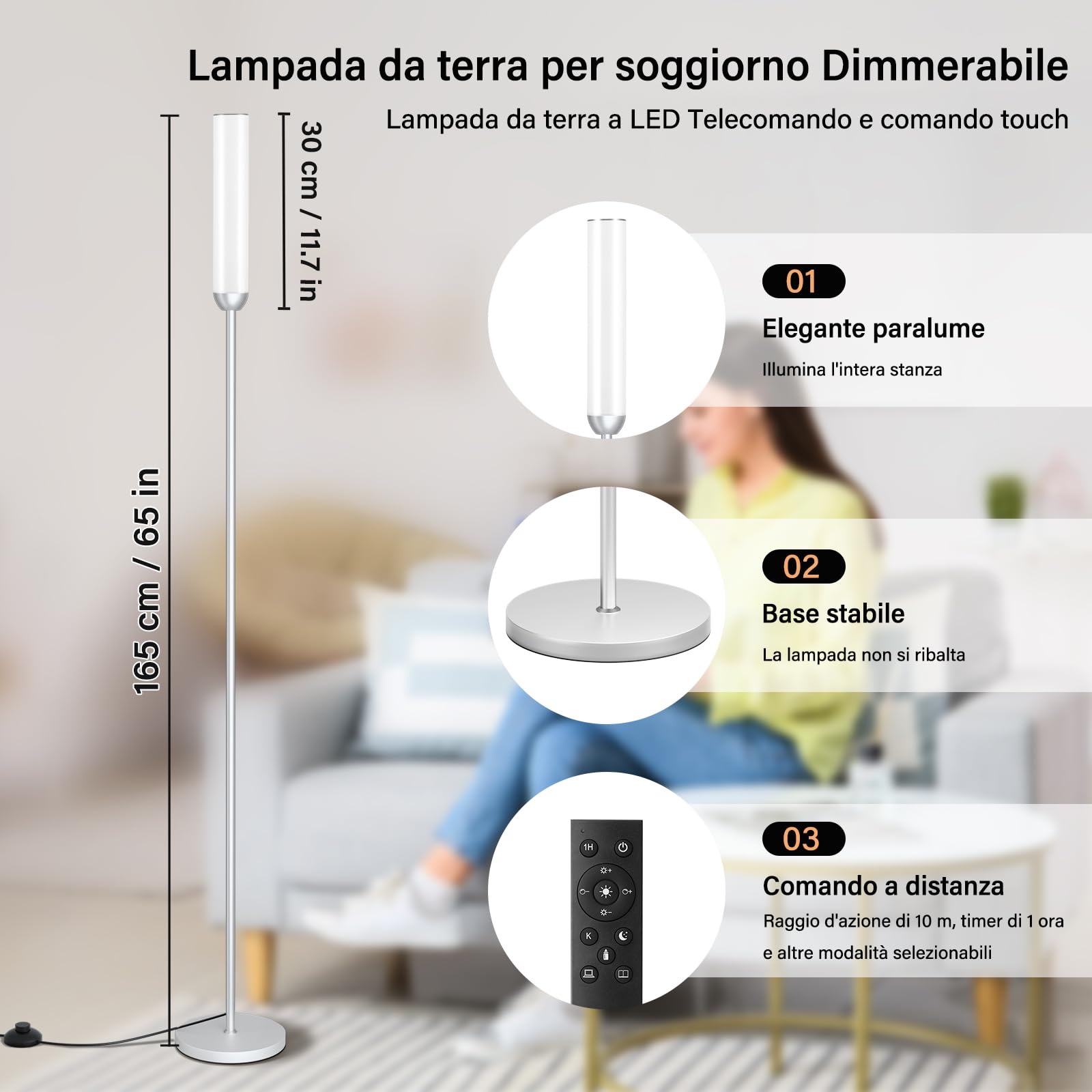 Lampadaire sur Pied Salon, lampadaire LED Dimmable, 5 Températures de Couleur avec Télécommande et Pédale de Commande, LED Lampe sur Pied Moderne Argent pour Chambre, Étudier, Bureau