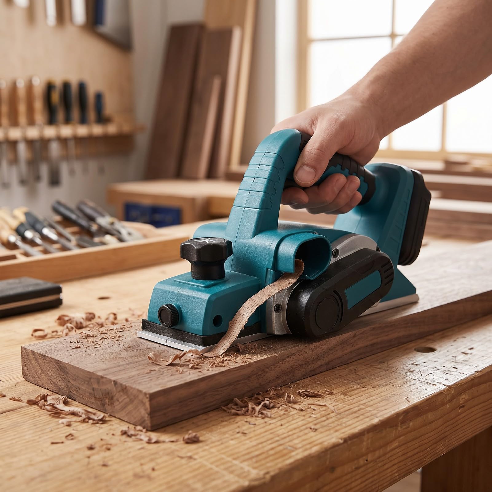 Fafeicy Pialla Elettrica a Mano Senza Spazzole 15000 Giri/min Profondità di Taglio 2 Mm Pialla per la Lavorazione del Legno Senza Fili con Doppie Lame in Carburo per Finiture Lisc