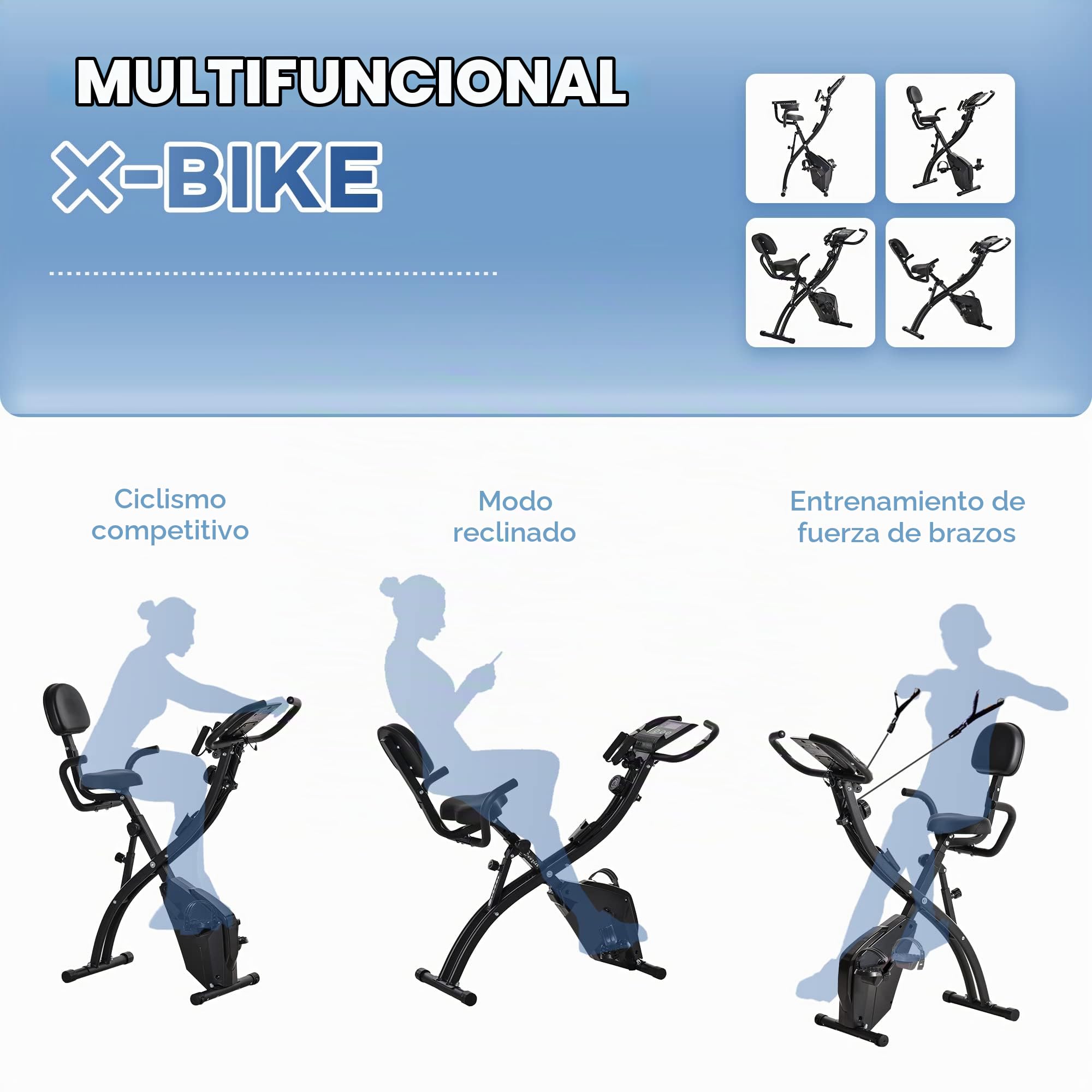 HOMCOM Bicicleta Estática Plegable 3 en 1 con Respaldo para Casa Negro | 8 Niveles Resistencia Magnética, Ajustable, Monitor LCD, Volante Banda, Sensor de Pulso, Soporte de Teléfono