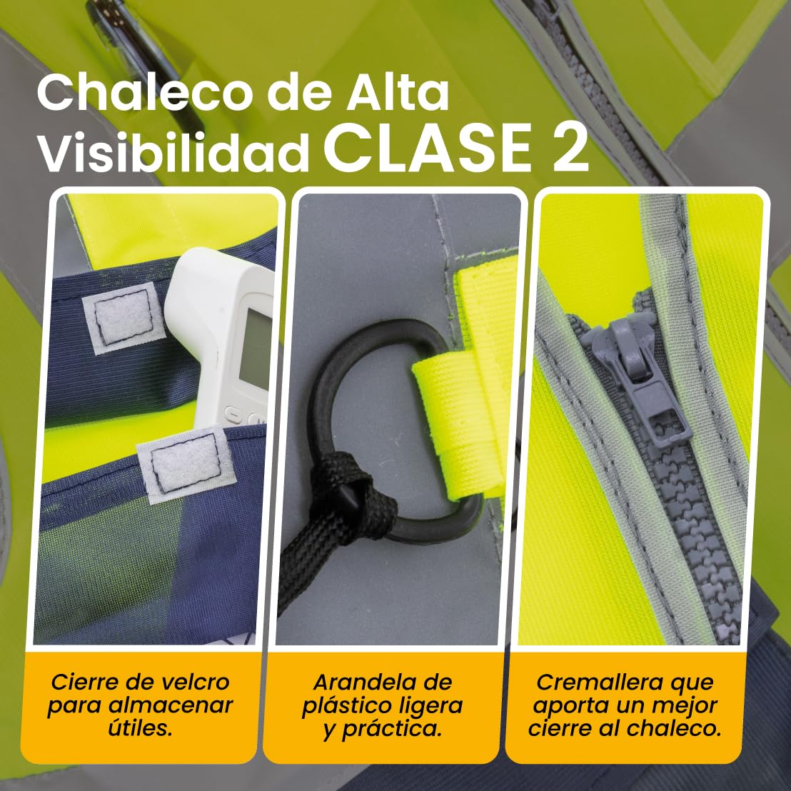 Chaleco de seguridad reflectante DTF (Alta Visibilidad de Clase 2) - Argolla para enganchar objetos - Bolsillos amplios