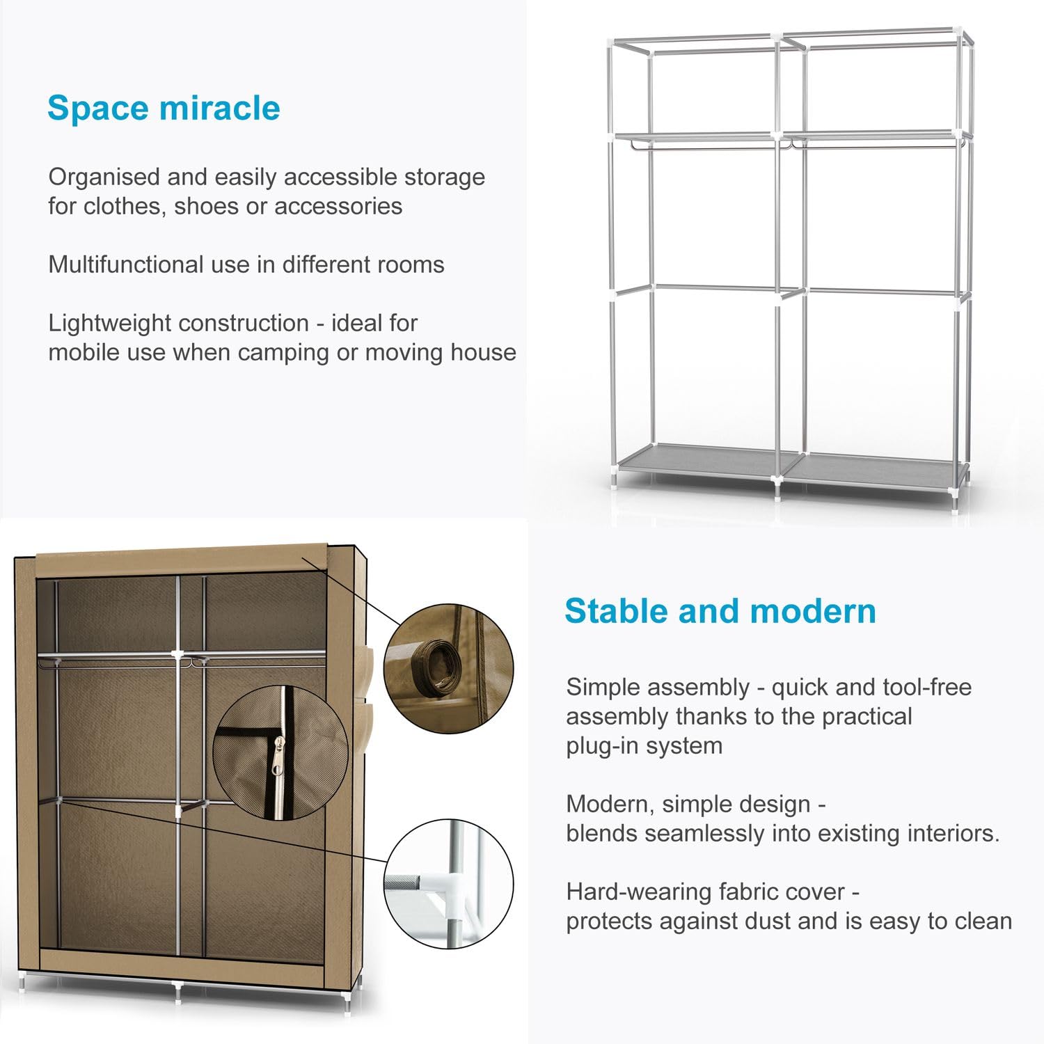 INTIRILIFE Armadio pieghevole 108x170x45 cm in CRÈME BEIGE - Armadio in tessuto con cerniera e asta appendiabiti, tasca laterale e scomparti - Ripiano a innesto, struttura in metallo